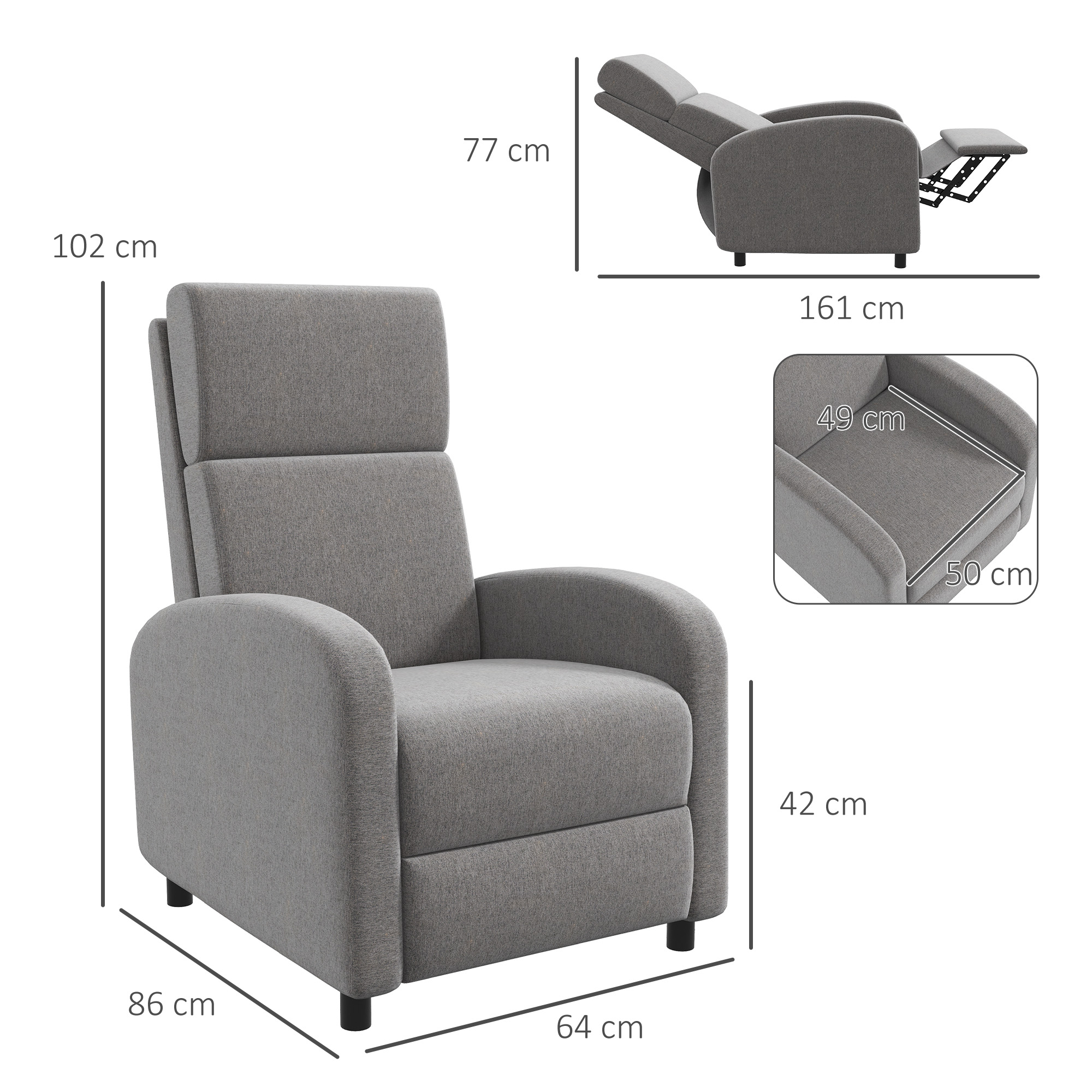 Relaxsessel Fernsehsessel, ausklappbare Fußstütze, neigbar bis zu 160°, 64 x 86 x 102 cm, Grau