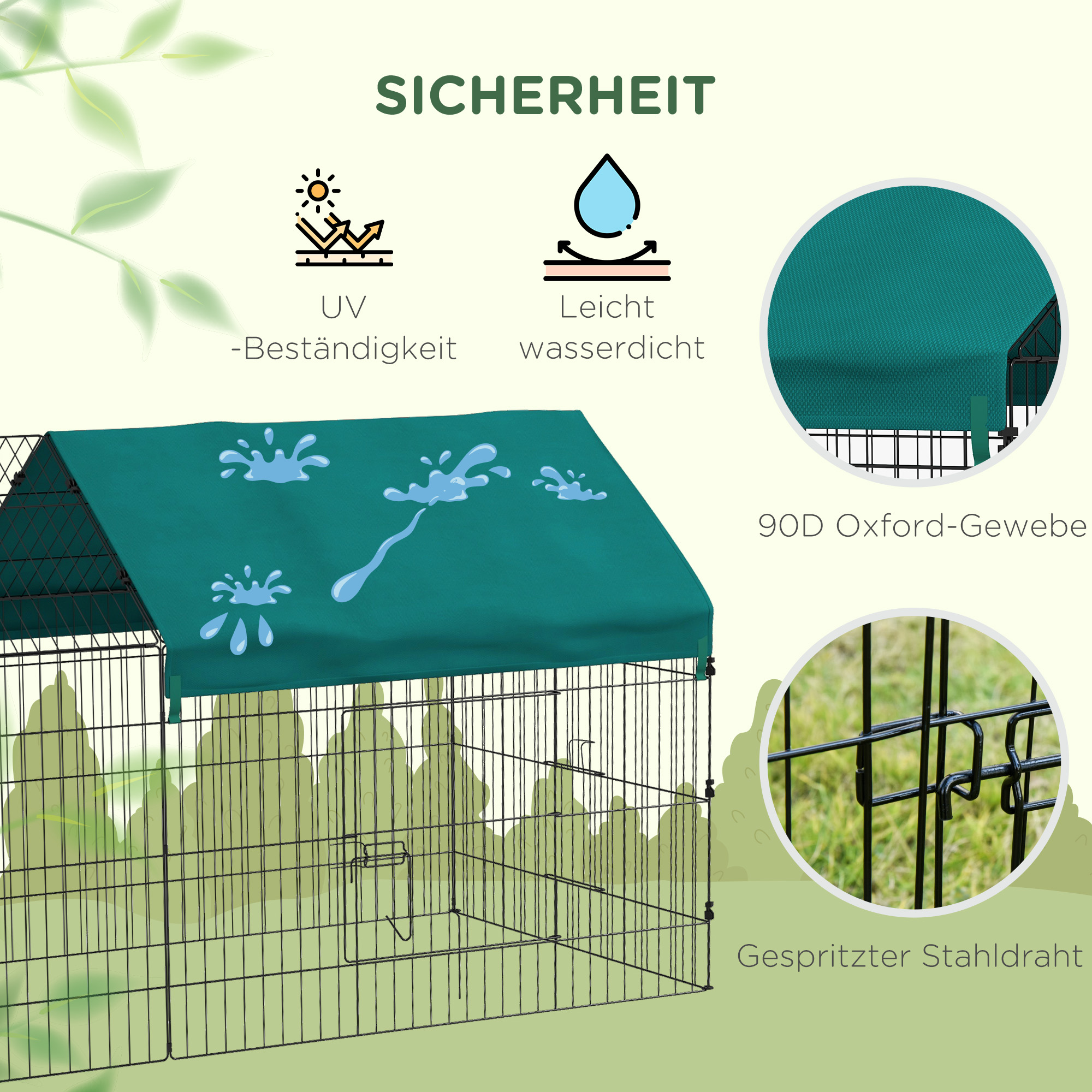 Kleintiergehege mit Dach, 4 Türen, wetterfest, Stahl/Polyester, 220x85x103cm, Grün/Schwarz