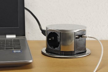 Schreibtisch-Einbausteckdose 3x +USB A+C / versenkbar, Edelstahl-Ausführung, rund
