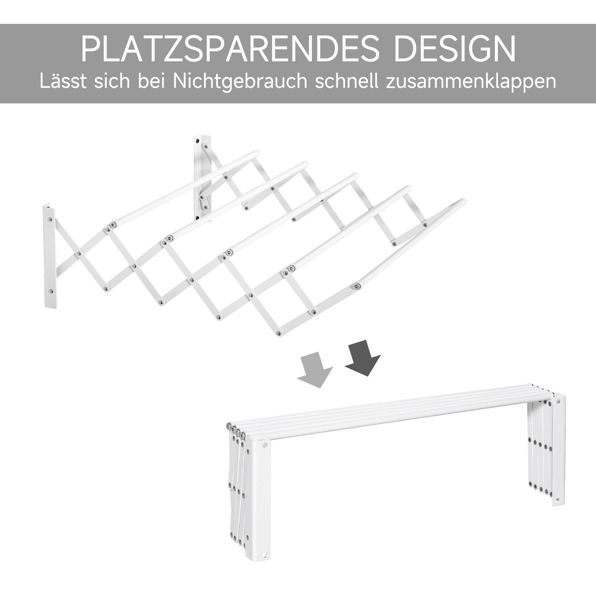 Wäscheständer für Wandmontage ausziehbar klappbar platzsparender Wäschetrockner, Wandwäschetrockner für Innen und Außen, Weiß, 63,5 x 60 x 20 cm