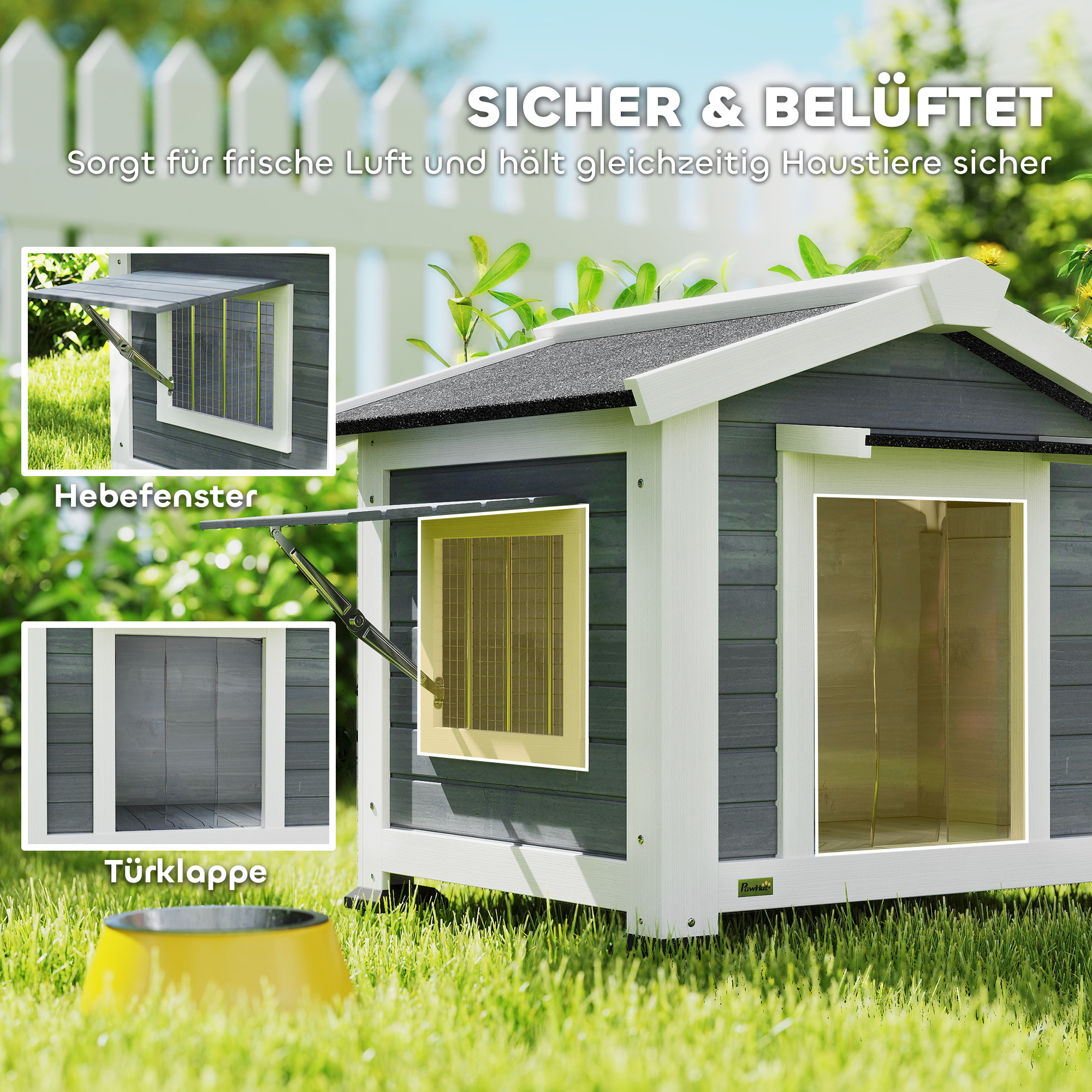 Hundehütte wetterfestes Hundehaus aus Holz mit herausnehmbarem Boden Asphaltdach öffnendem Fenster 98x76x69,5 cm Grau