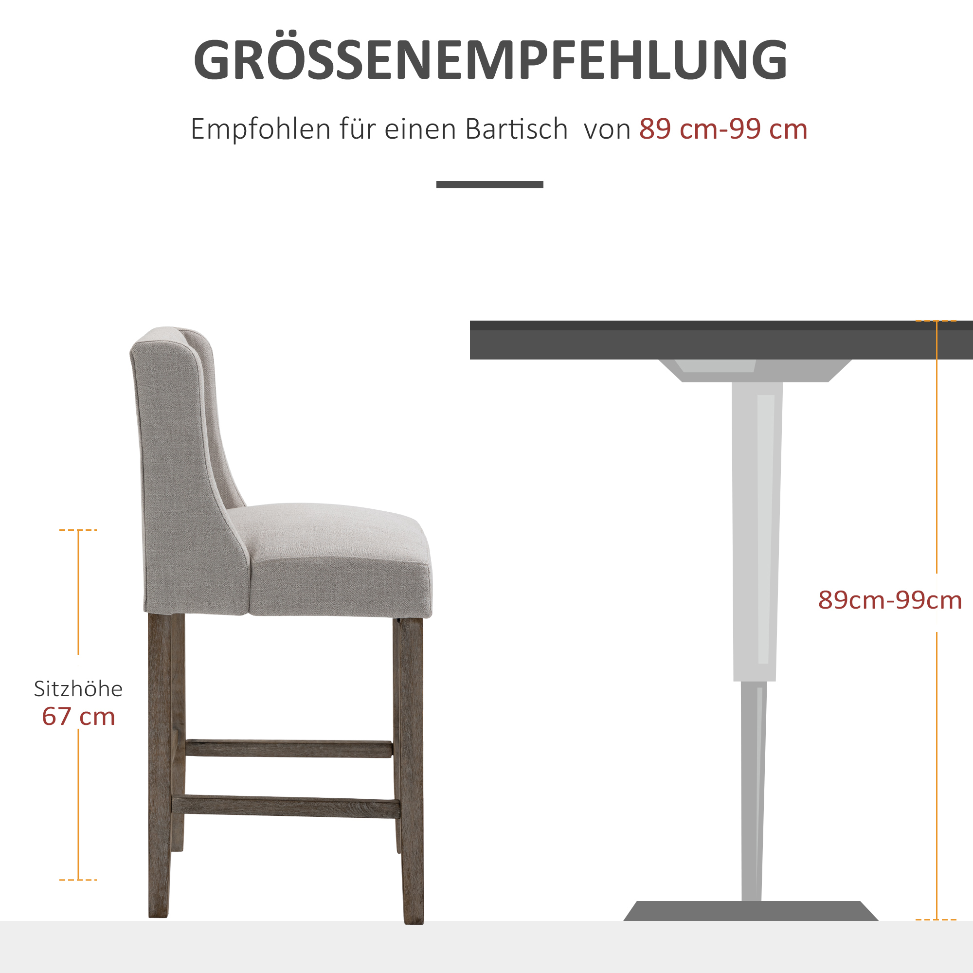 2er-Set Barhocker mit lehne Barstühle mit Knopfheftung, Massivholz, inkl. Fußstütze, 47 cm x 50 cm x 101 cm, Grau + Natur