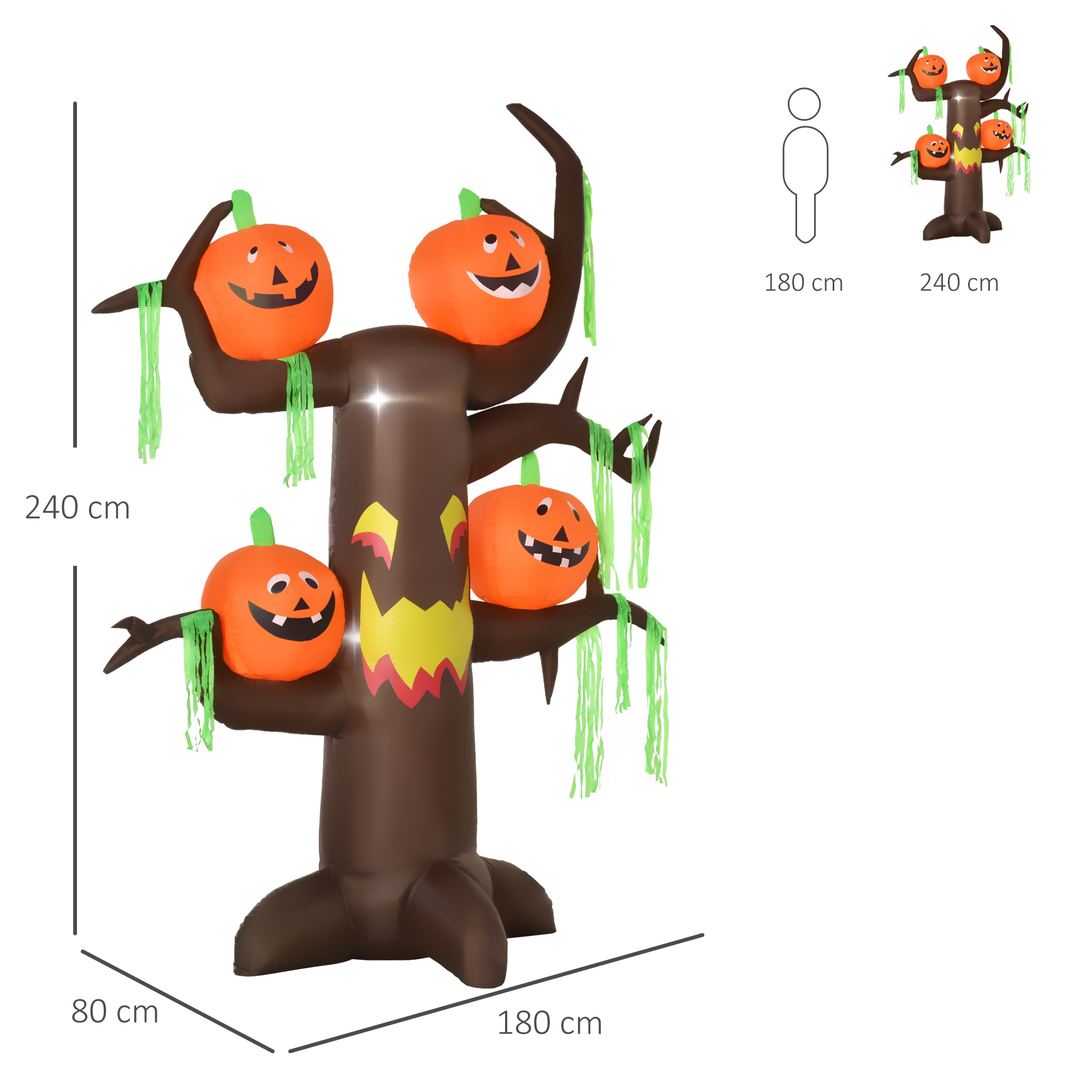 Aufblasbarer Spukbaum Kürbis Halloween Deko Figur Luftfigur mit LED Beleuchtung, Polyester, 180x80x240cm