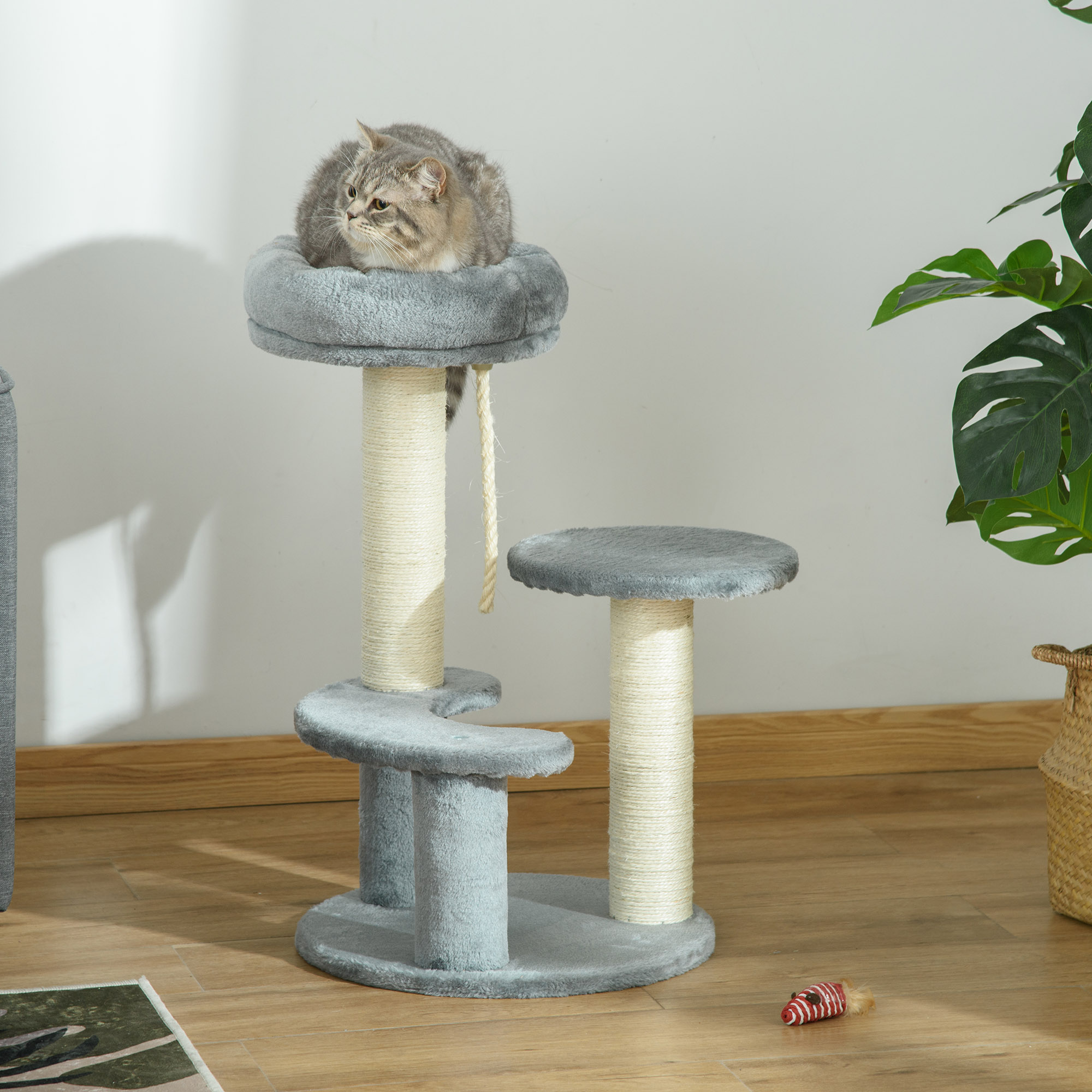 Katzenbaum Kletterbaum mit Hängematte, 3-Stufiger Spielbaum mit Katzenbett Katzenkratzbaum mit Sitzplattform, Sisalsäulen, Grau Ø40 x H65 cm
