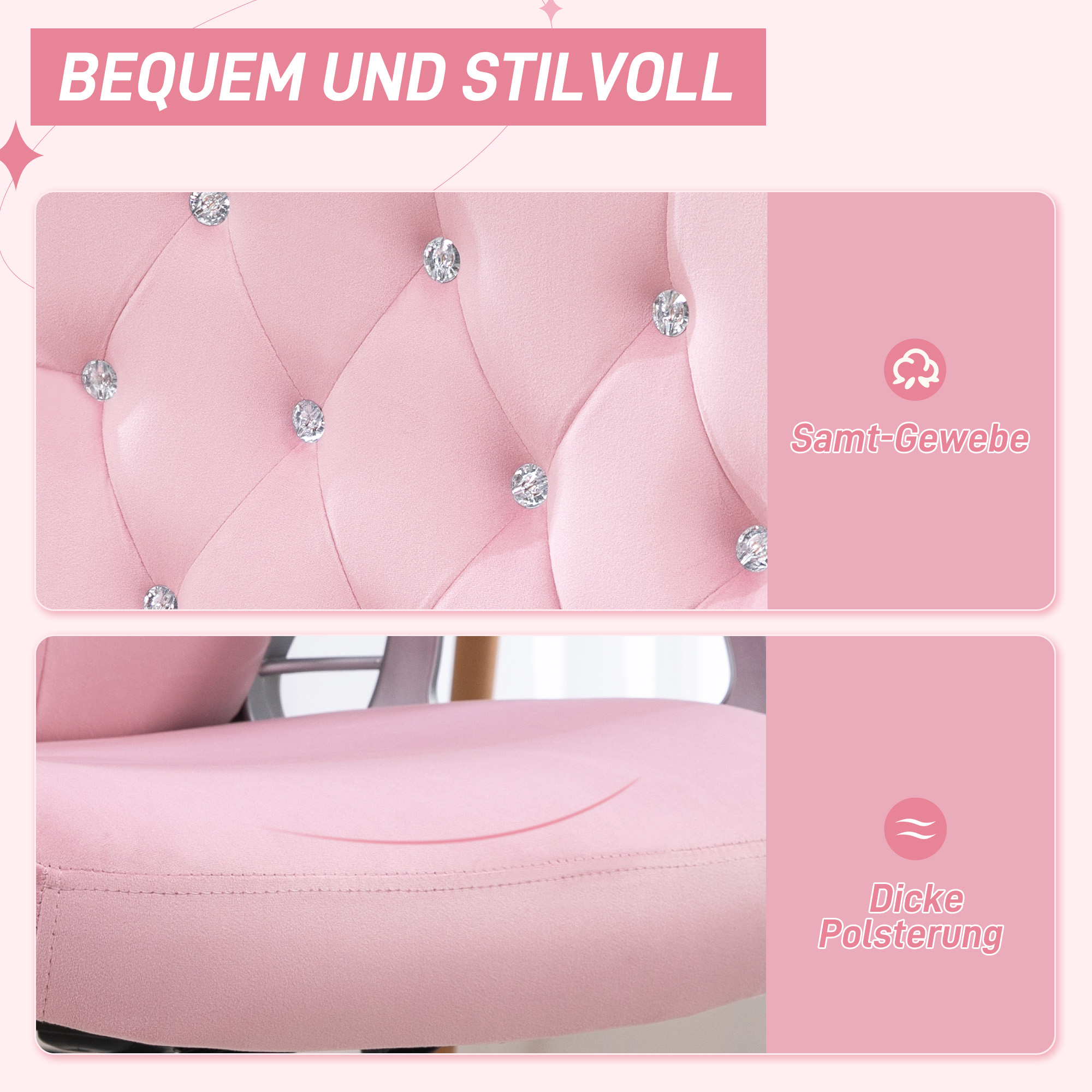 Bürostuhl, neigbare Lehne, höhenverstellbar, Samtoptik, bis 120 kg, Rosa