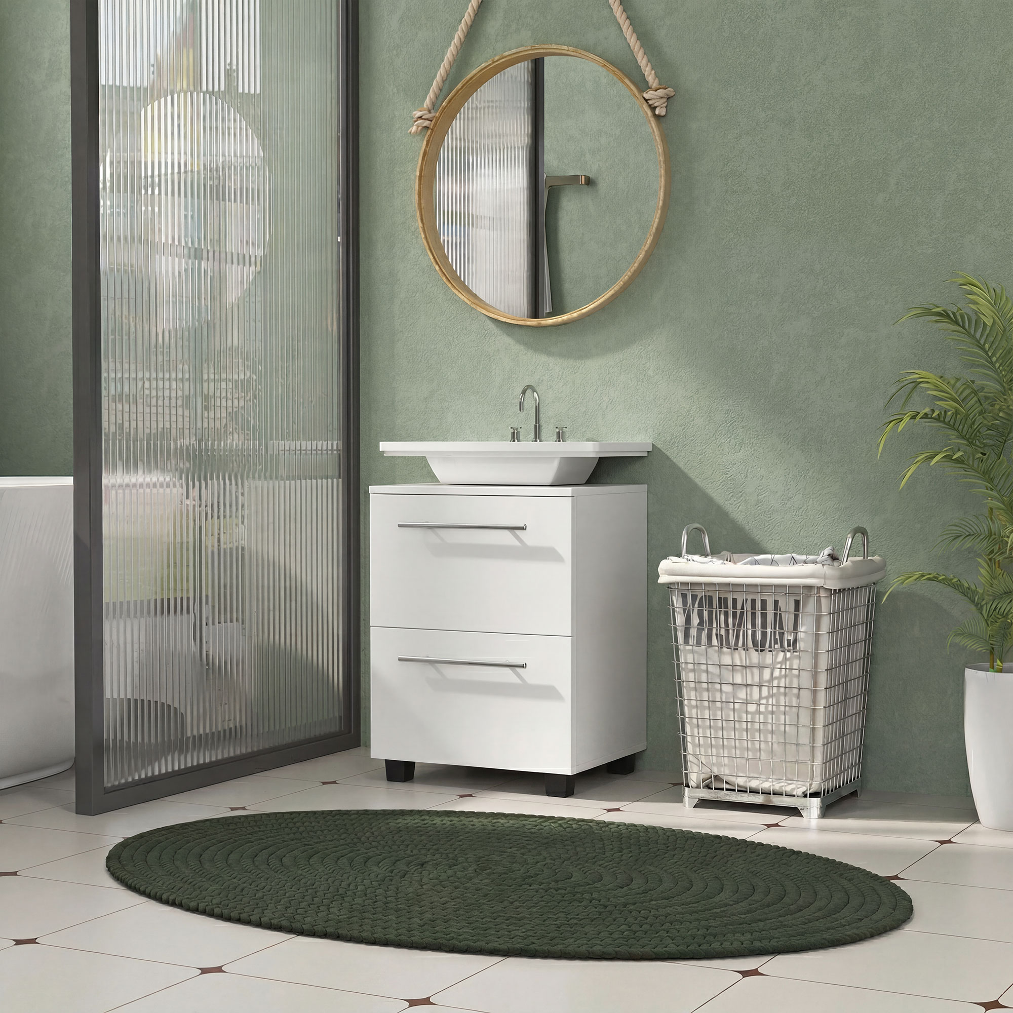 Badezimmerschrank, Waschbecken-Kommode mit Schublade, kompakt, Spanplatte, Weiß
