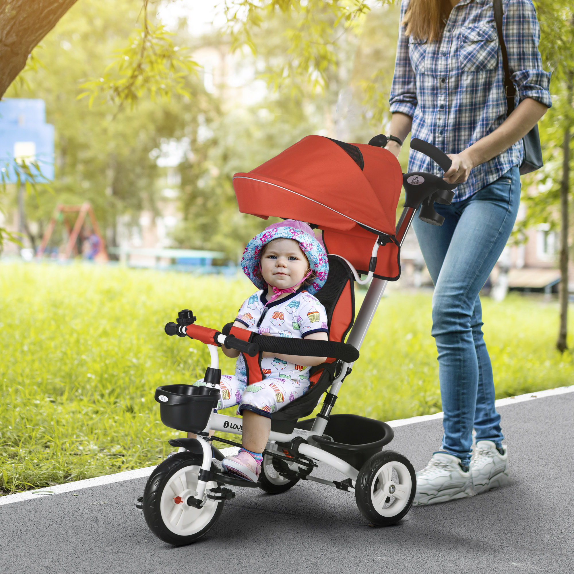 6-in-1 Kinderdreirad mit Schiebestange, Dach, Gurt, Ablagekorb, 18+ Monate, Rot