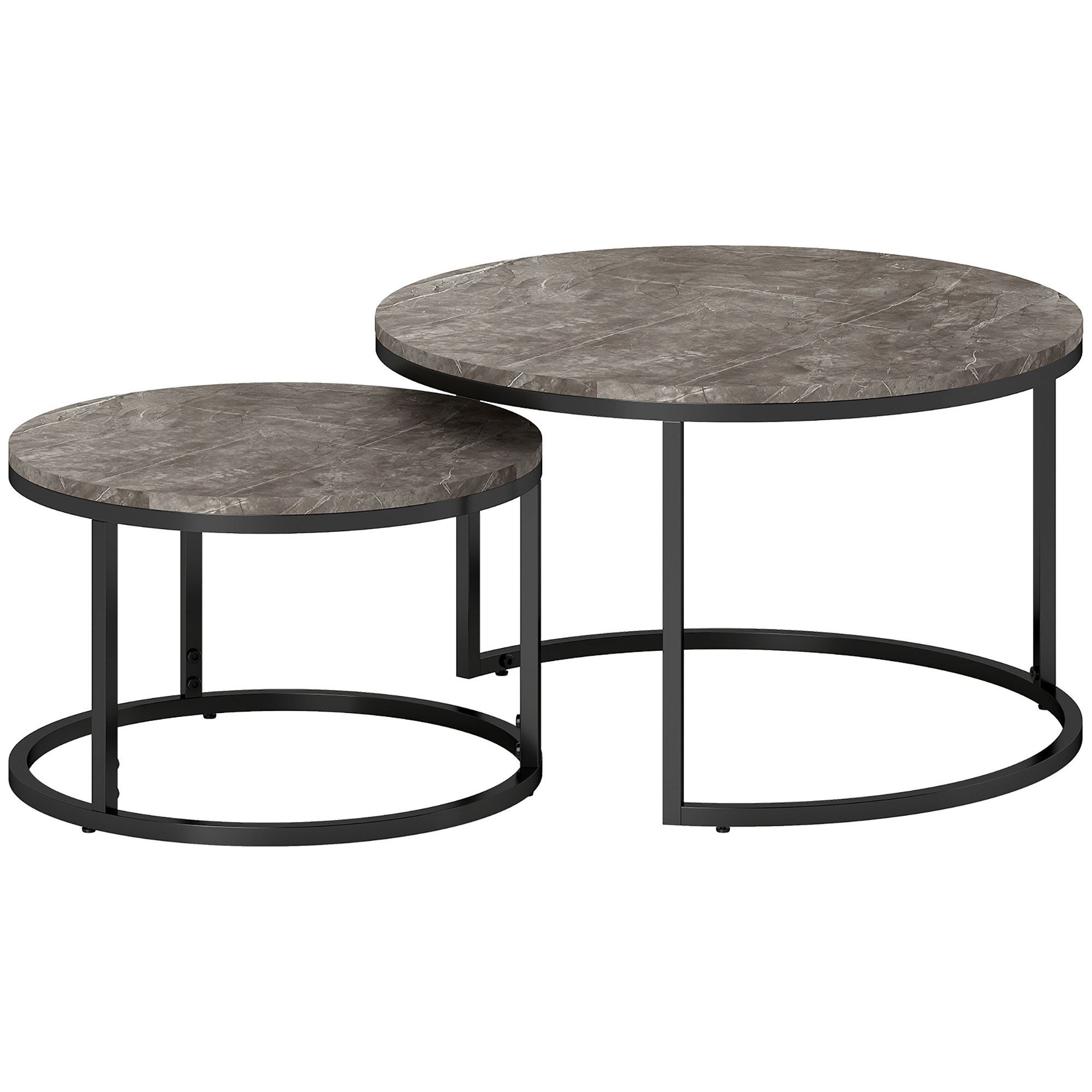 2er-Set runde Couchtische, stapelbare Beistelltische mit Metallrahmen, Wohnzimmertisch in Marmoroptik, Kaffeetisch, Grau