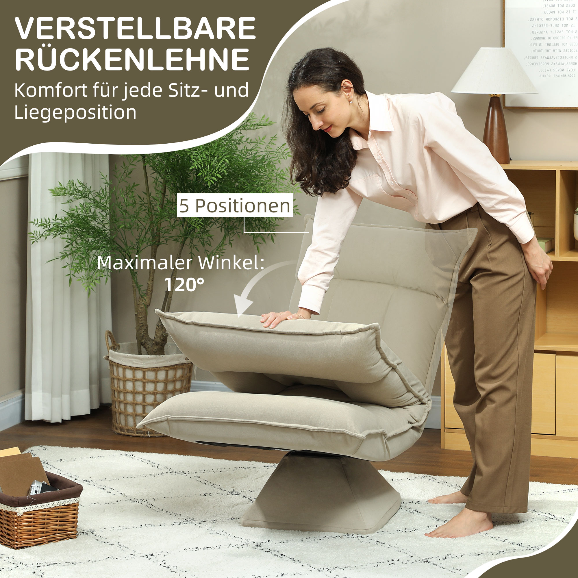 Bodensessel mit 5-fach verstellbarer Rückenlehne, drehbar, moderner Polsterstuhl, Beige