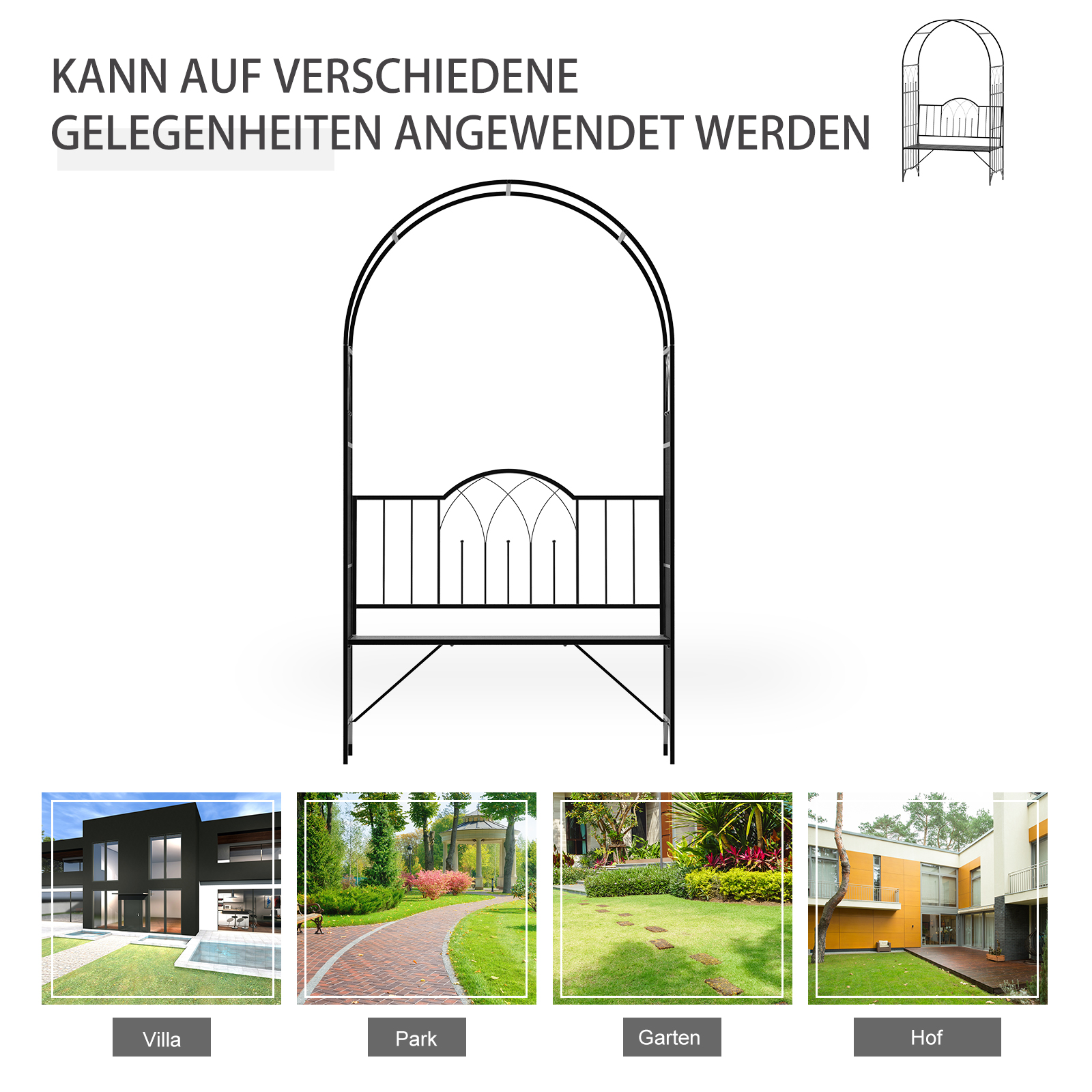 Rosenbogen mit Bank Rosenbank Laubenbank Philosophenbank Rankgitter Rankhilfe Gartenbank Metall Schwarz 115 x 59 x 203 cm