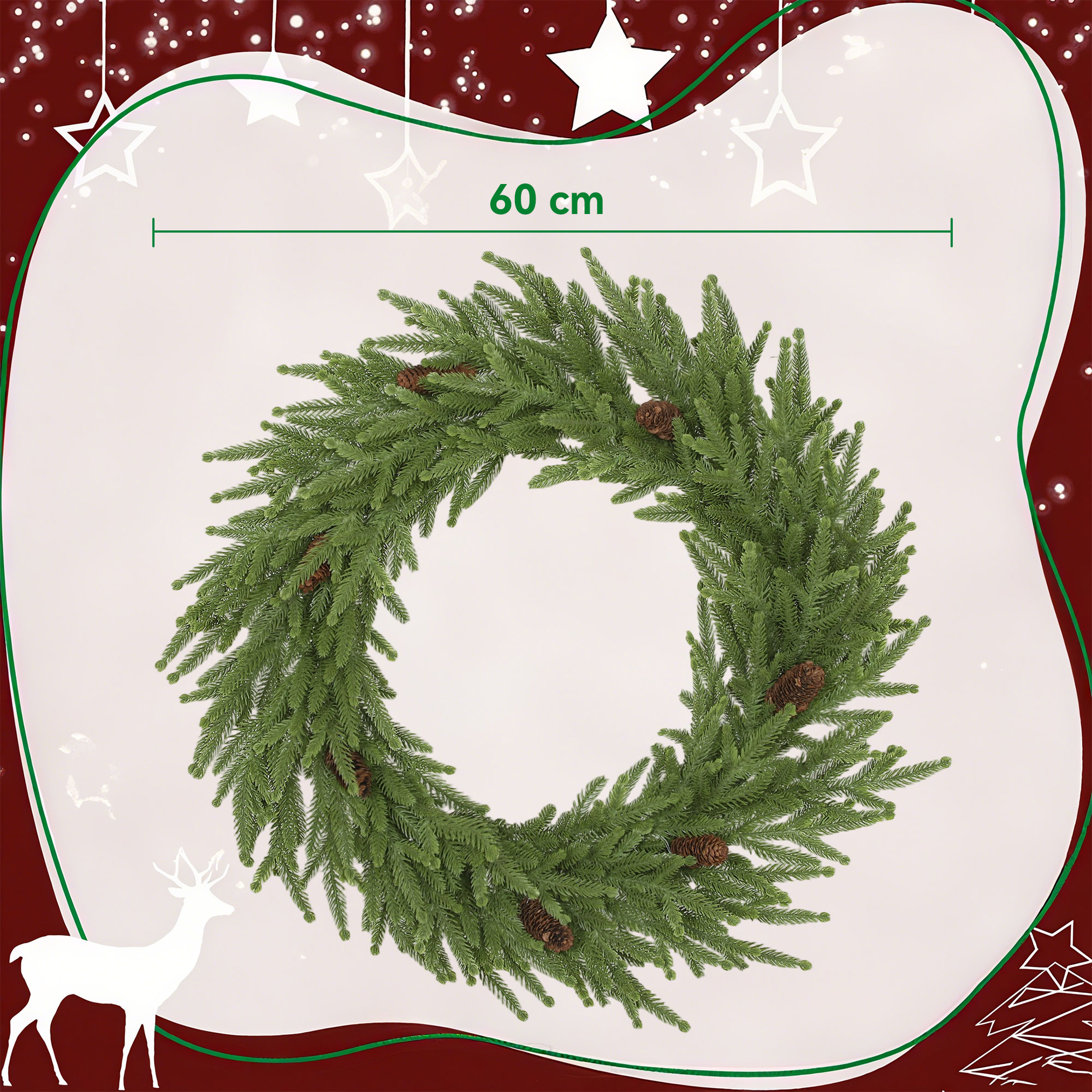 Weihnachtskranz mit Zapfen, Türkranz Künstlicher Weihnachtskranz für Tür Grün, Ø60 x 15 cm
