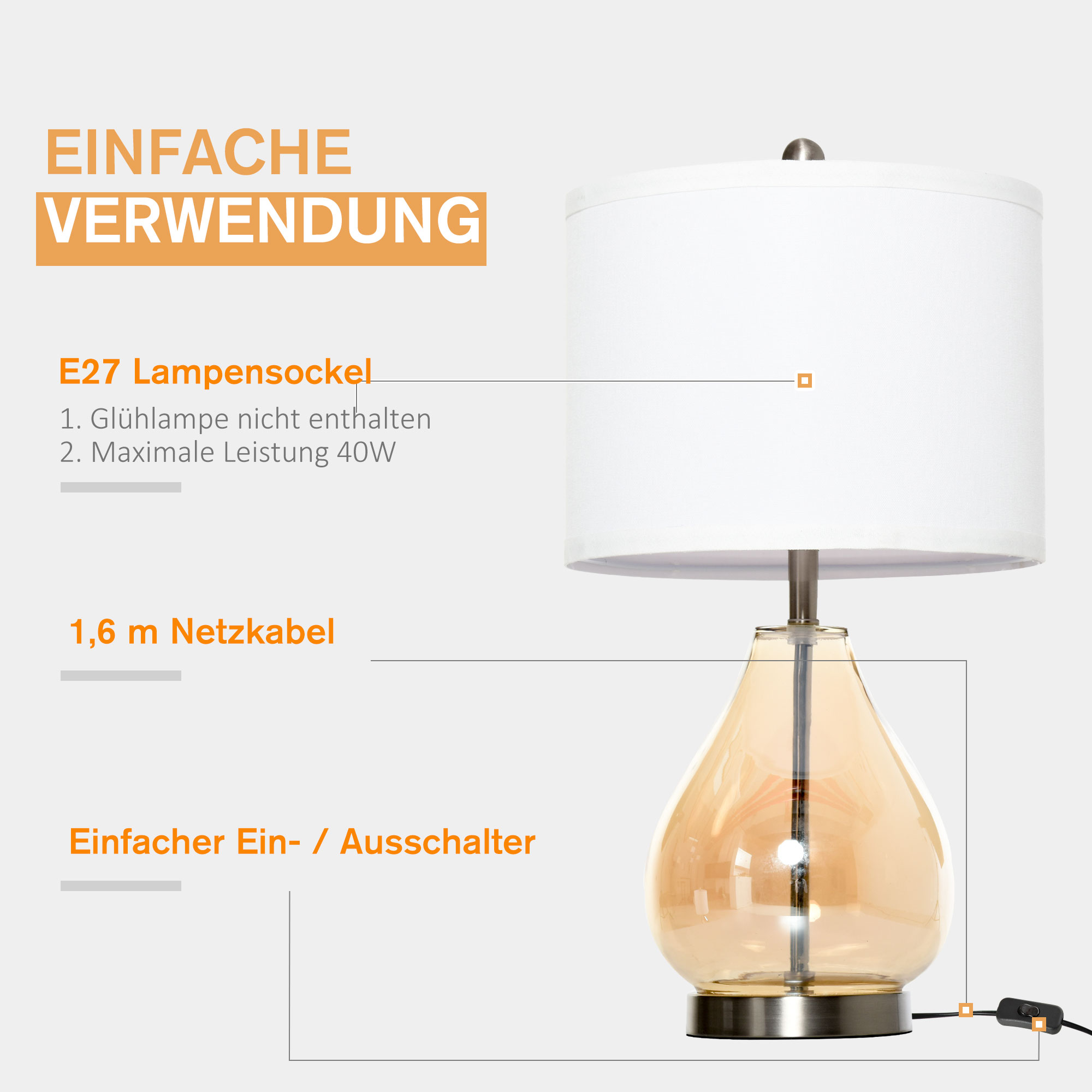 2-Set Tischlampen Tischleuchten E27-Fassung Nachttischlampe 40 W Glas Leinen Metall Bernstein Ø30 x 56H cm