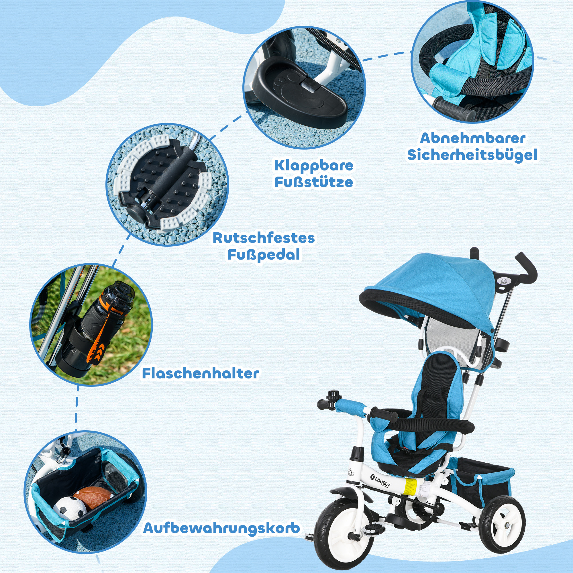 6-in-1 Kinderdreirad mit Schiebestange, Dach, Gurt, Ablagekorb, für 1-5 Jahre, Blau