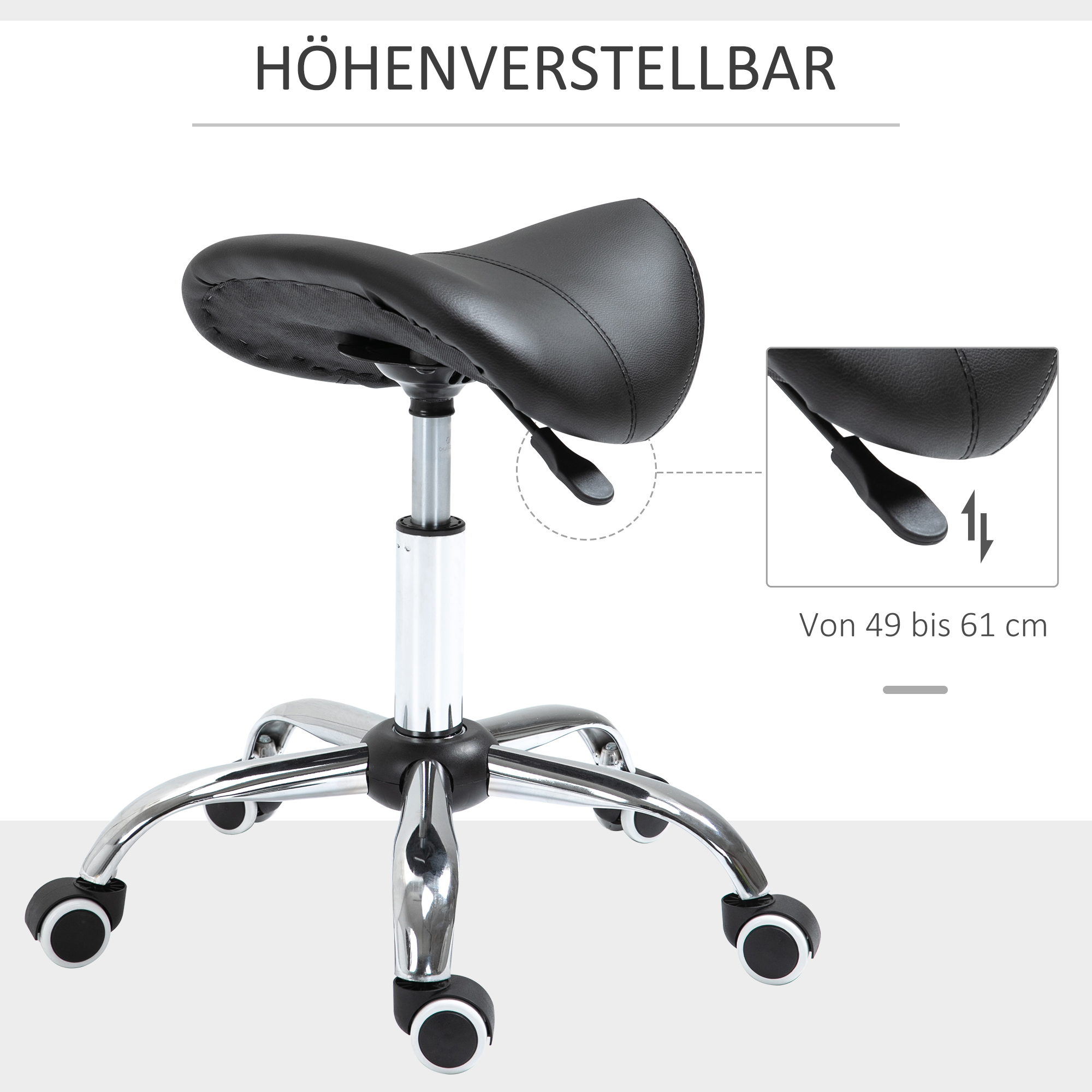 Rollhocker höhenverstellbar Drehhocker 49-61 cm Arbeitshocker drehbar Sattelhocker für Büro Salon Massage Spa Schwarz