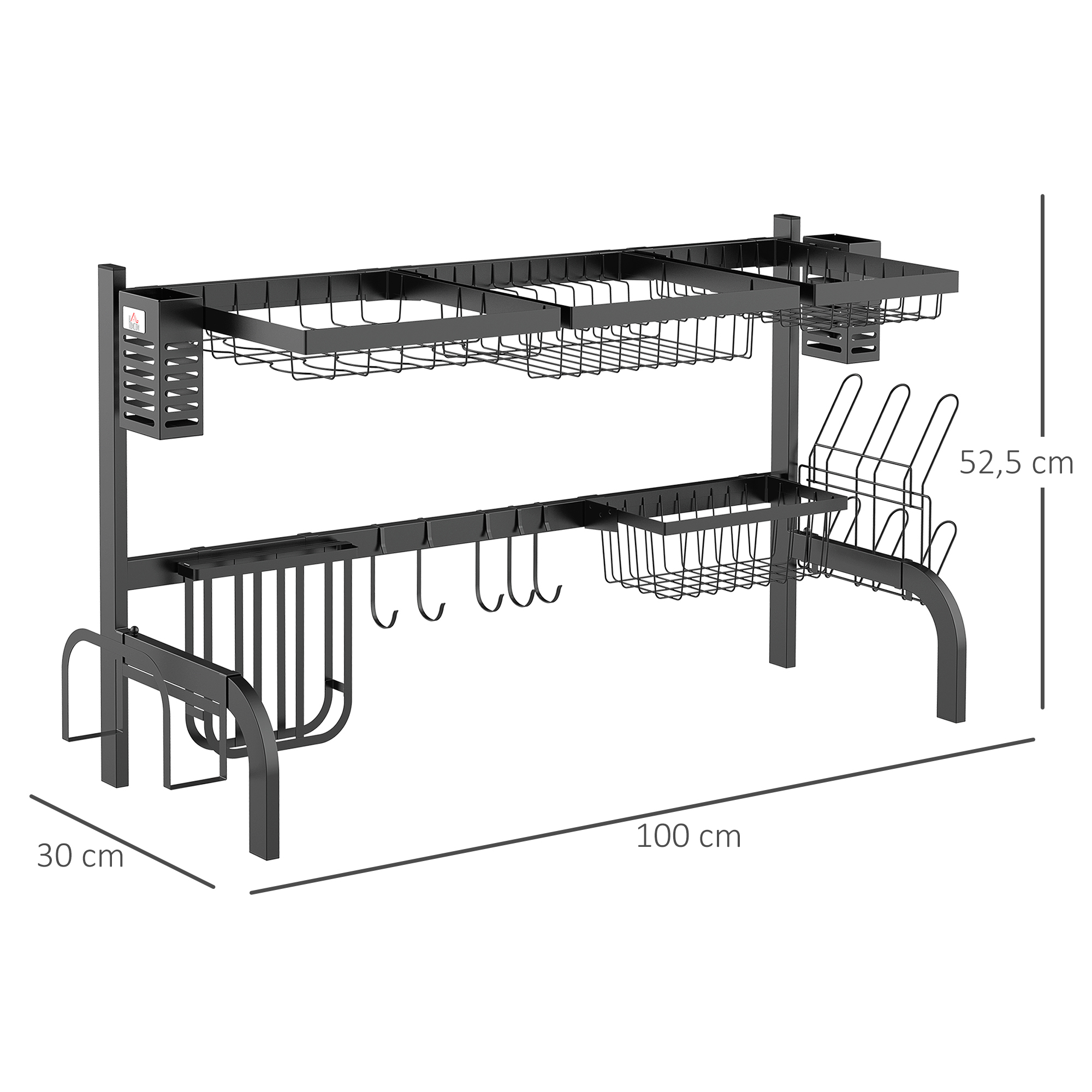 Abtropfgestell Geschirr, 2-stufiges Abtropfständer mit Haken, Tellerregal, Zubehör, 100 cm Stahl, Schwarz