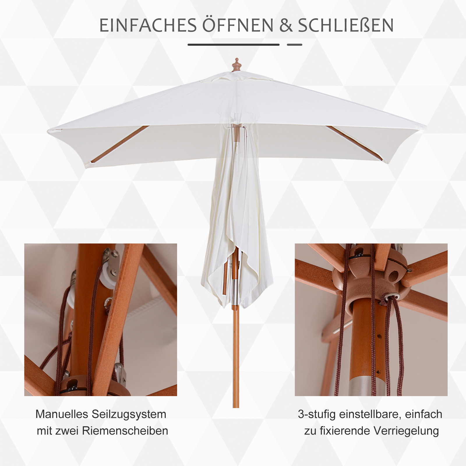 Sonnenschirm 200 x 150 x 235 cm Knickbarer Gartenschirm 3-stufig einstellbar rechteckig Strandschirm wasserabweisend und UV-beständig für Strand Balkon Terrasse Garten Cremeweiß