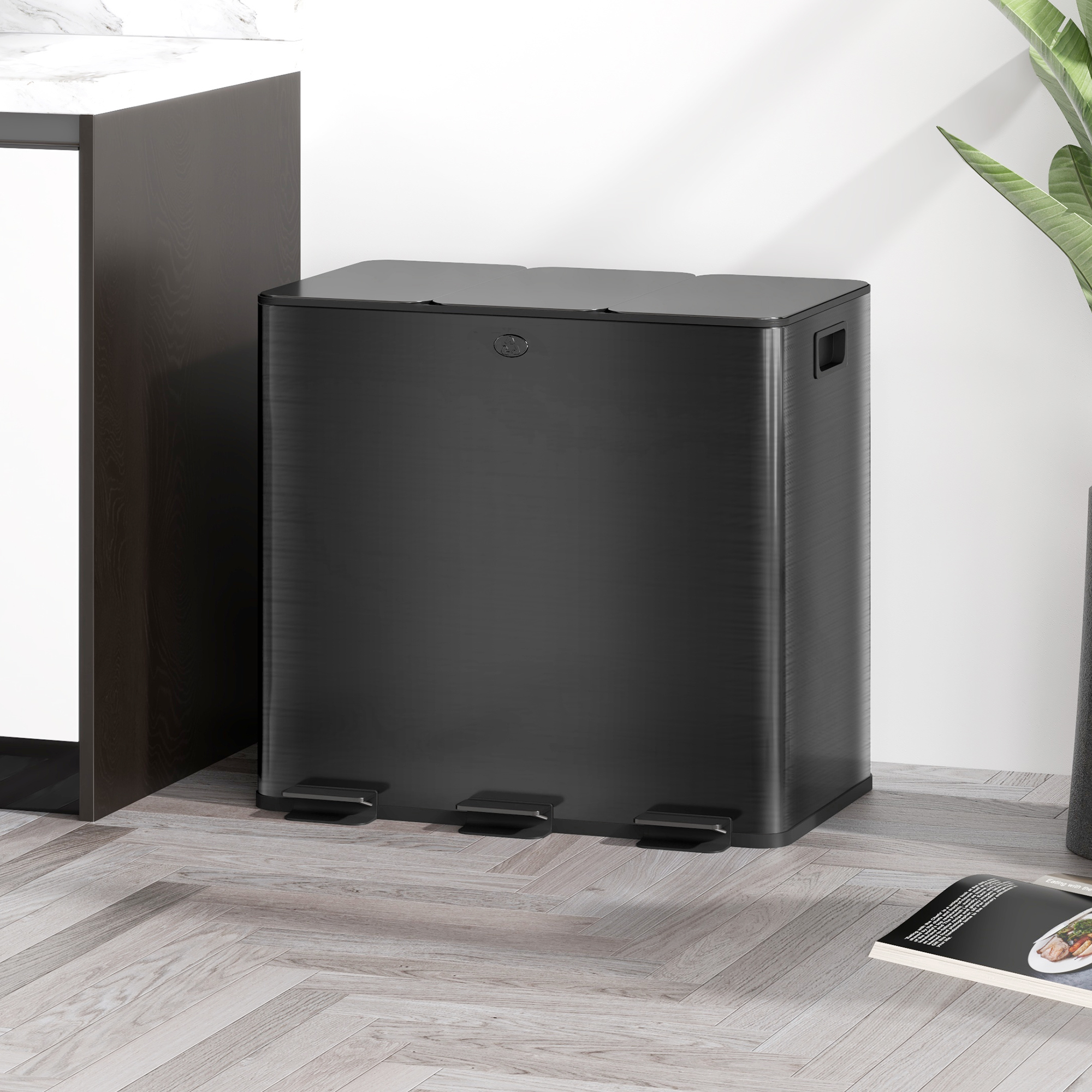 Mülleimer mit 3 x 15L Fächern, Deodorant-Deckel, fingerabdrucksicher, Soft-Close, herausnehmbar, Schwarz