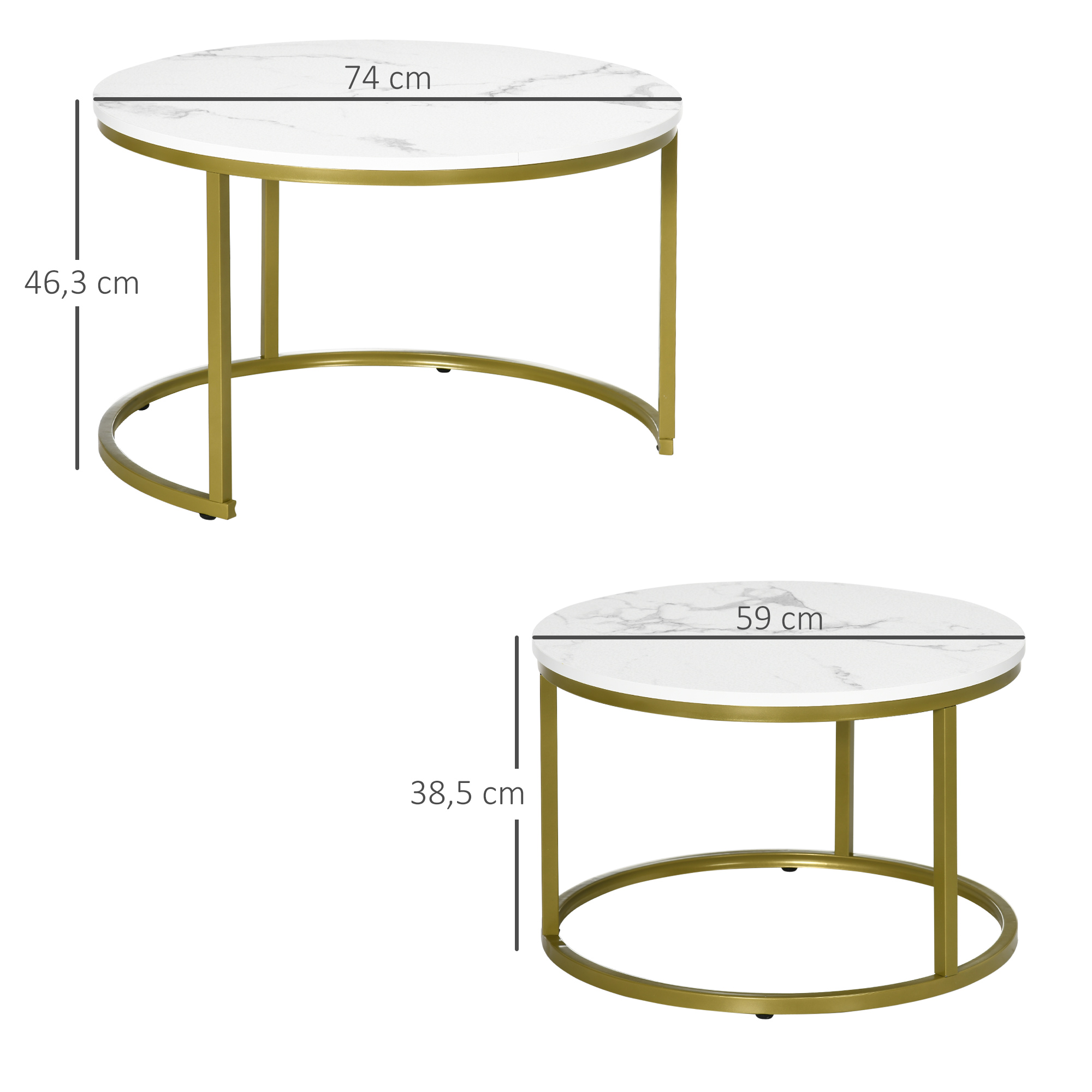 Beistelltisch-Set, 2 Satztische, Ø74 & Ø59 cm, Marmoroptik, Rahmen in Gold