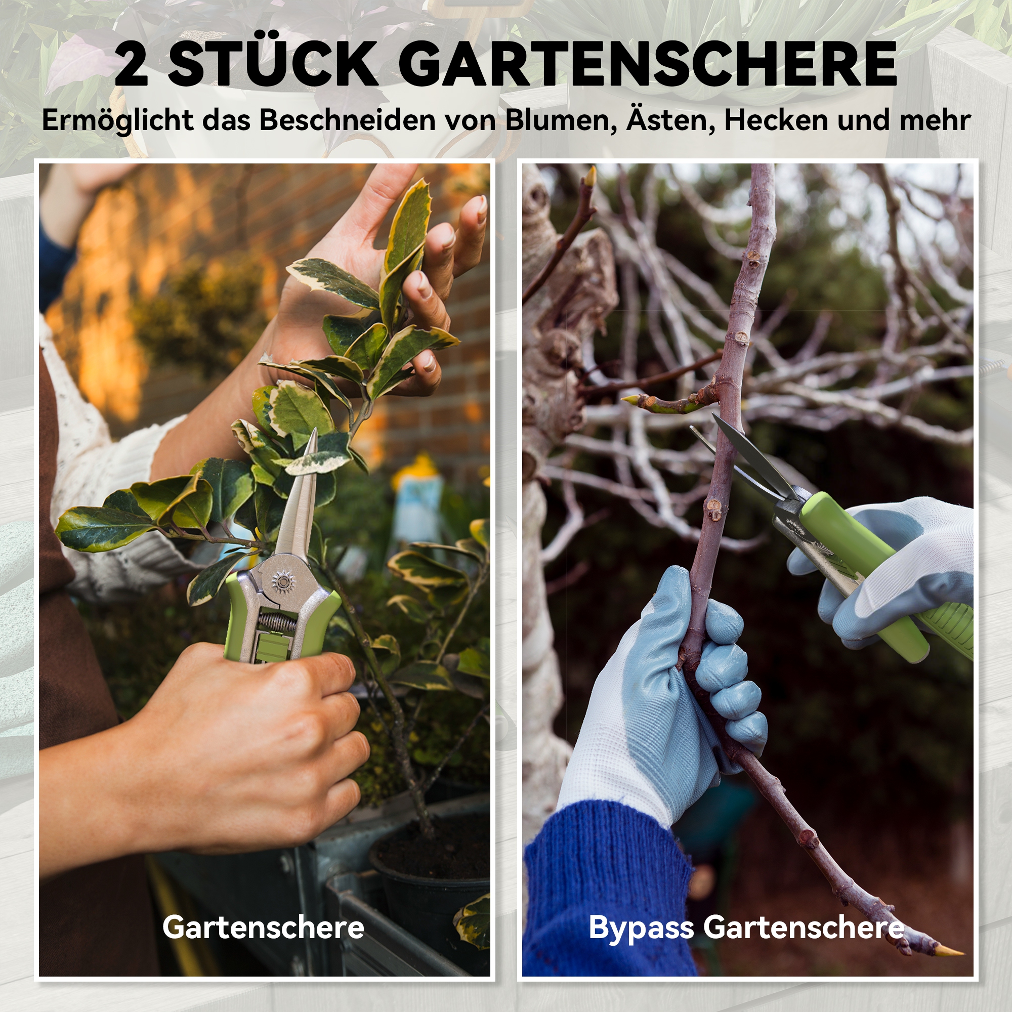 Gartenwerkzeug Set 2 Stück Garten Werkzeug aus Edelstahl Gartengeräte mit Gartenschere Astschere Grün+Silber