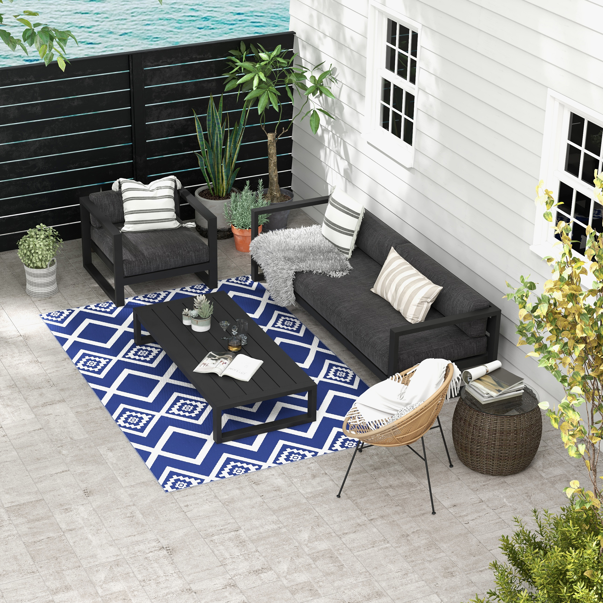 Outdoorteppich Terrassenteppich, wetterbeständig, modernes Design, 182 cm x 274 cm x 0,3 cm, Blau + Weiß
