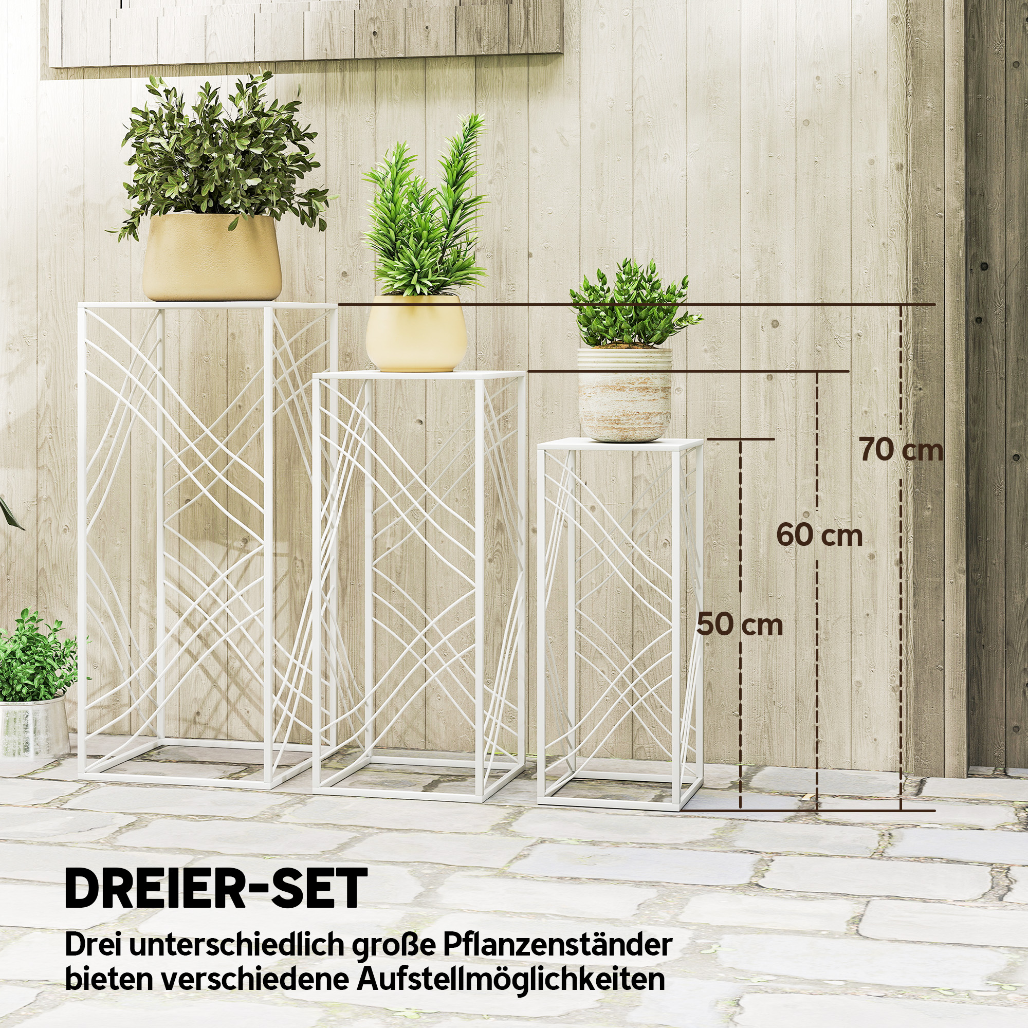 3er-Set Pflanzenständer, 50/60/70 cm hoch Blumenständer, stapelbar Pflanzenregal aus Metall Weiß