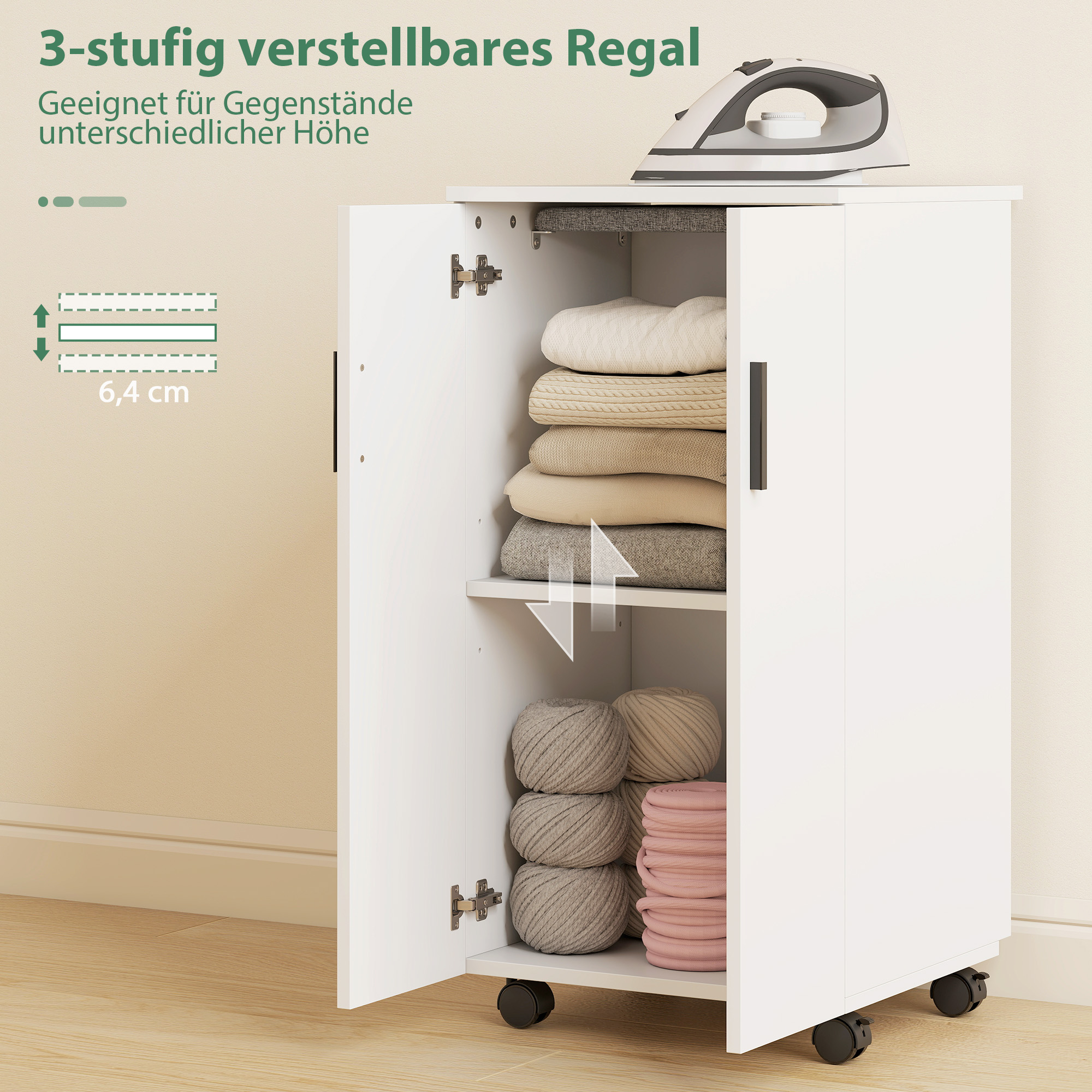 2-in-1 faltbarer Bügelbrettschrank auf Rollen mit Bügelbrett und verstellbarem Regal für kleine Räume, Weiß