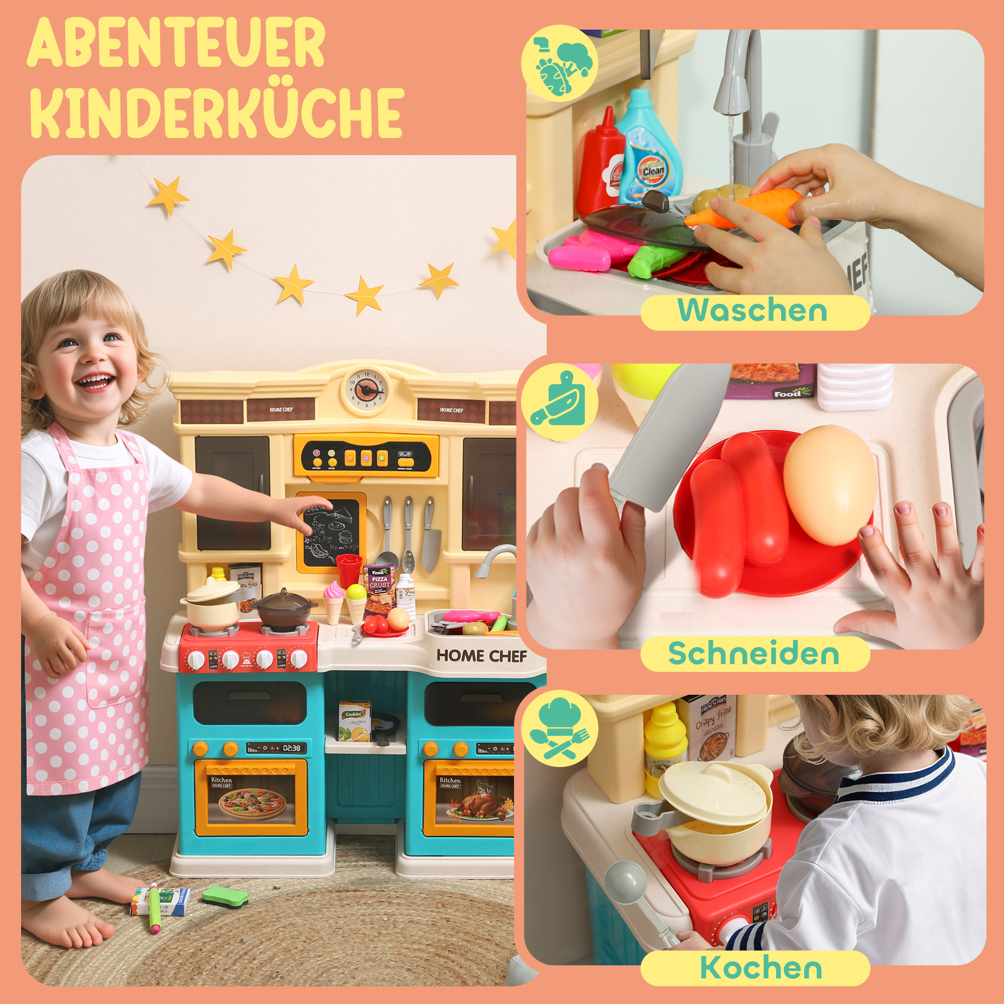 Spielküche mit fließendem Wasser, 85-teiliges Zubehör, elektrischer Wasserhahn, Lichter, Geräusche, für Kinder von 3-6 Jahren, Kunststoff, Grün