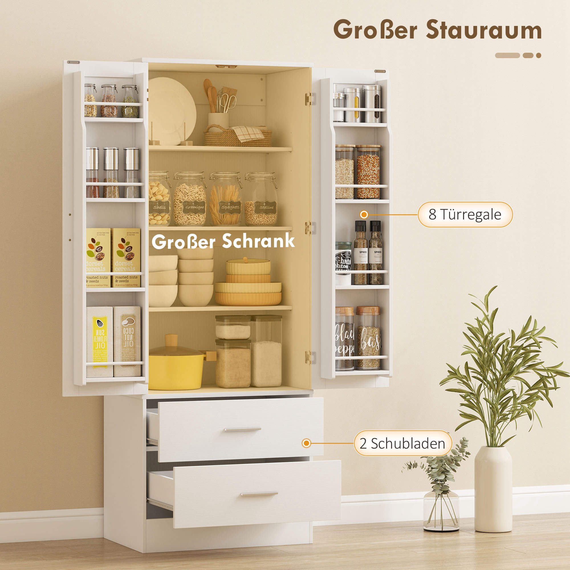 159 cm Küchenschrank, verstellbare Regale, 2 Schublade, für Küche, Esszimmer, Spanplatte, MDF, Weiß