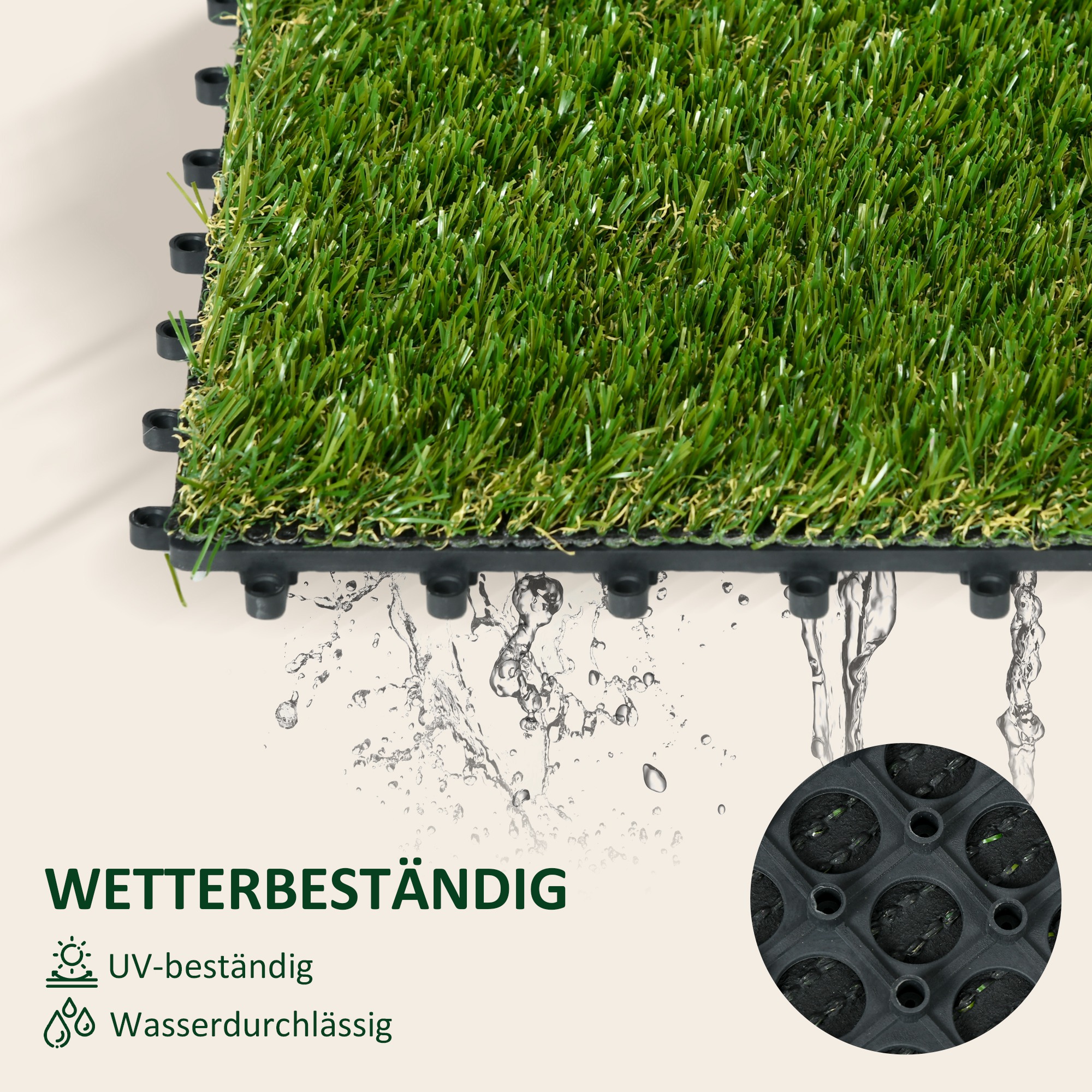 Kunstrasen, naturgetreu, Drainagefunktion, 11 K Fasern/m², 25mm Höhe, 10-er Set je 30x30cm, Grün