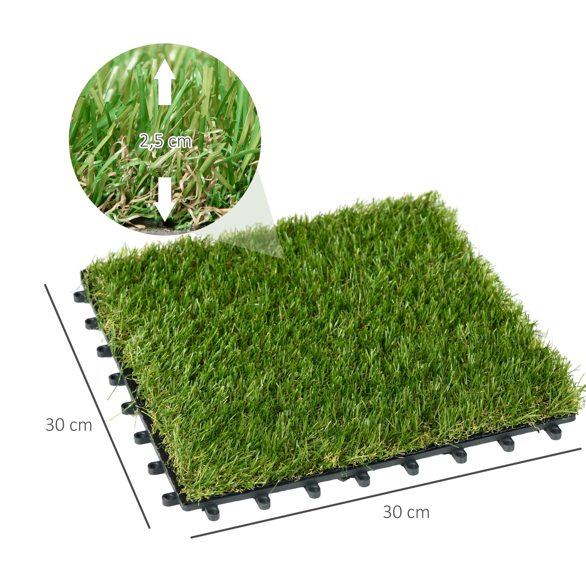 Kunstrasen, naturgetreu, Drainagefunktion, 6,5 K Fasern/m², 25mm Höhe, 10-er Set je 30x30cm, Grün