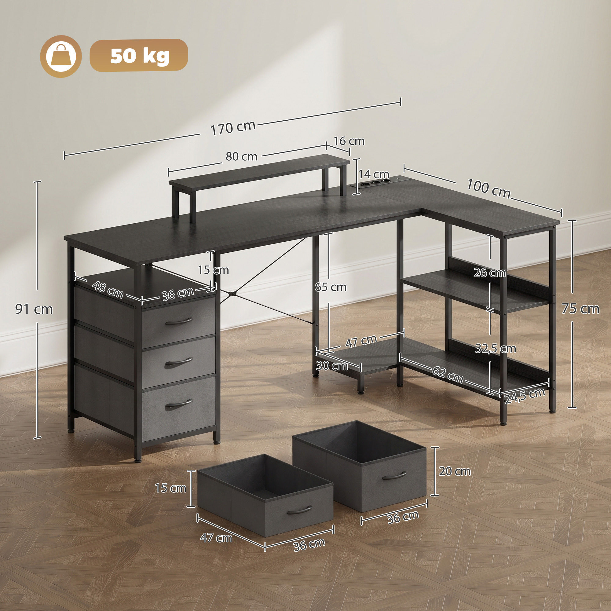 Schreibtisch in L-Form, umkehrbarer Eckschreibtisch mit Schubladen und Regalen, 170 cm, Schwarz
