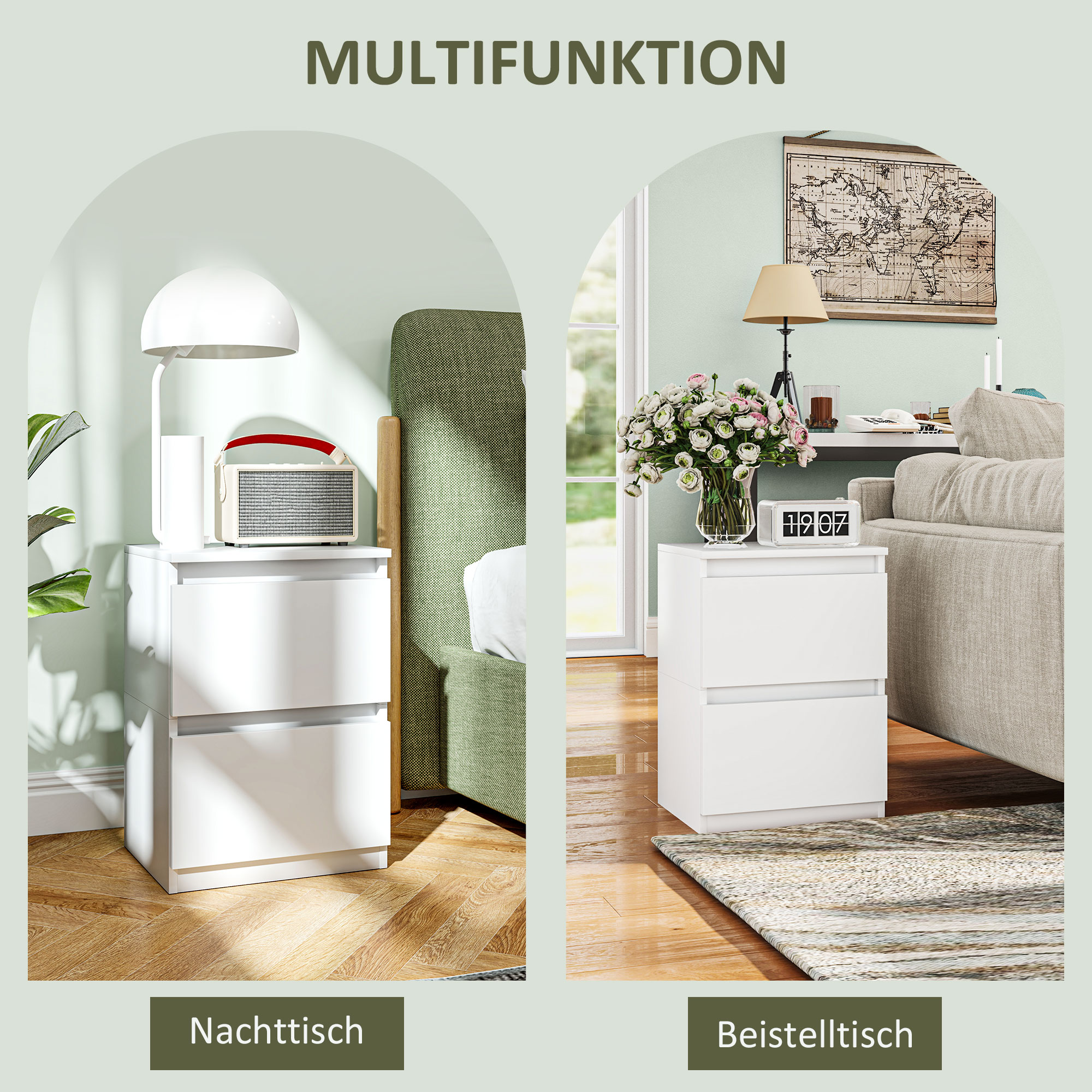 Nachttisch mit 2 Schubladen, Beistelltisch mit Stauraum, für Wohnzimmer, Schlafzimmer, Weiß