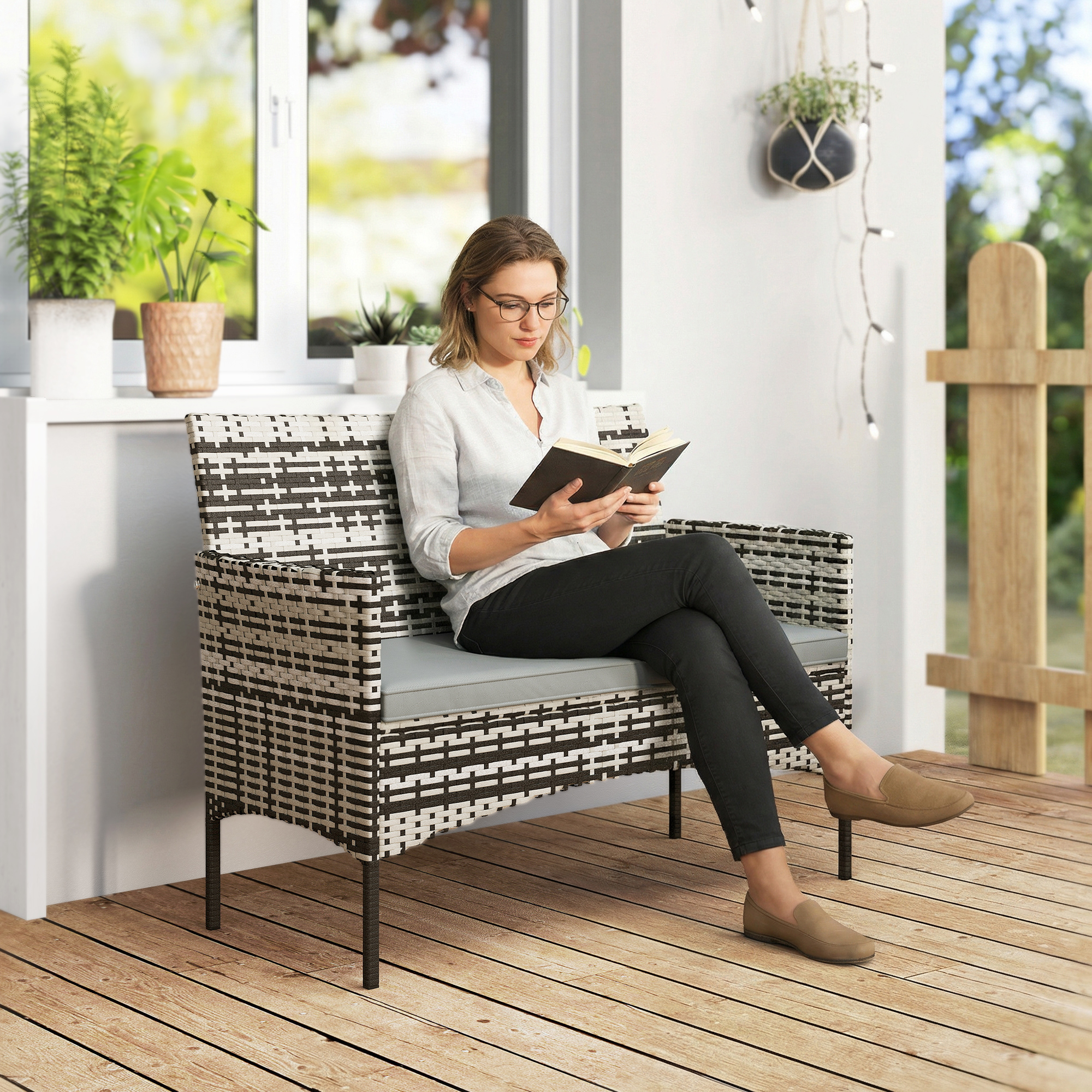 2-Sitzer Rattan Gartensofa PE-Rattan Outdoor-Terrassen-Sofa mit Polster, Anti-Rutsch-Matten, Stahlrahmen, Hellgrau