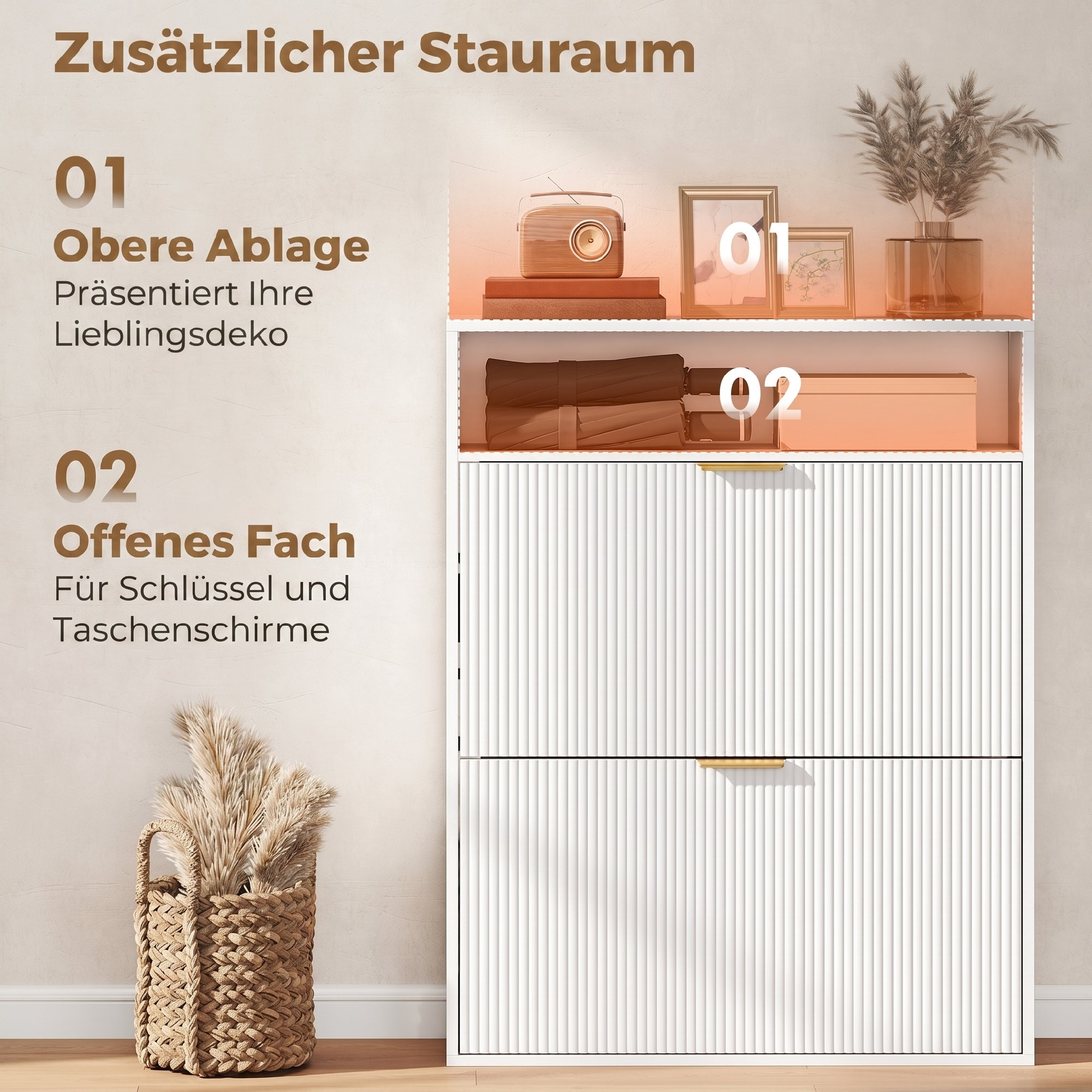 schmaler Schuhschrank mit 2 Klappfächern und Ablagefläche für Flur und Eingangsbereich, Weiß