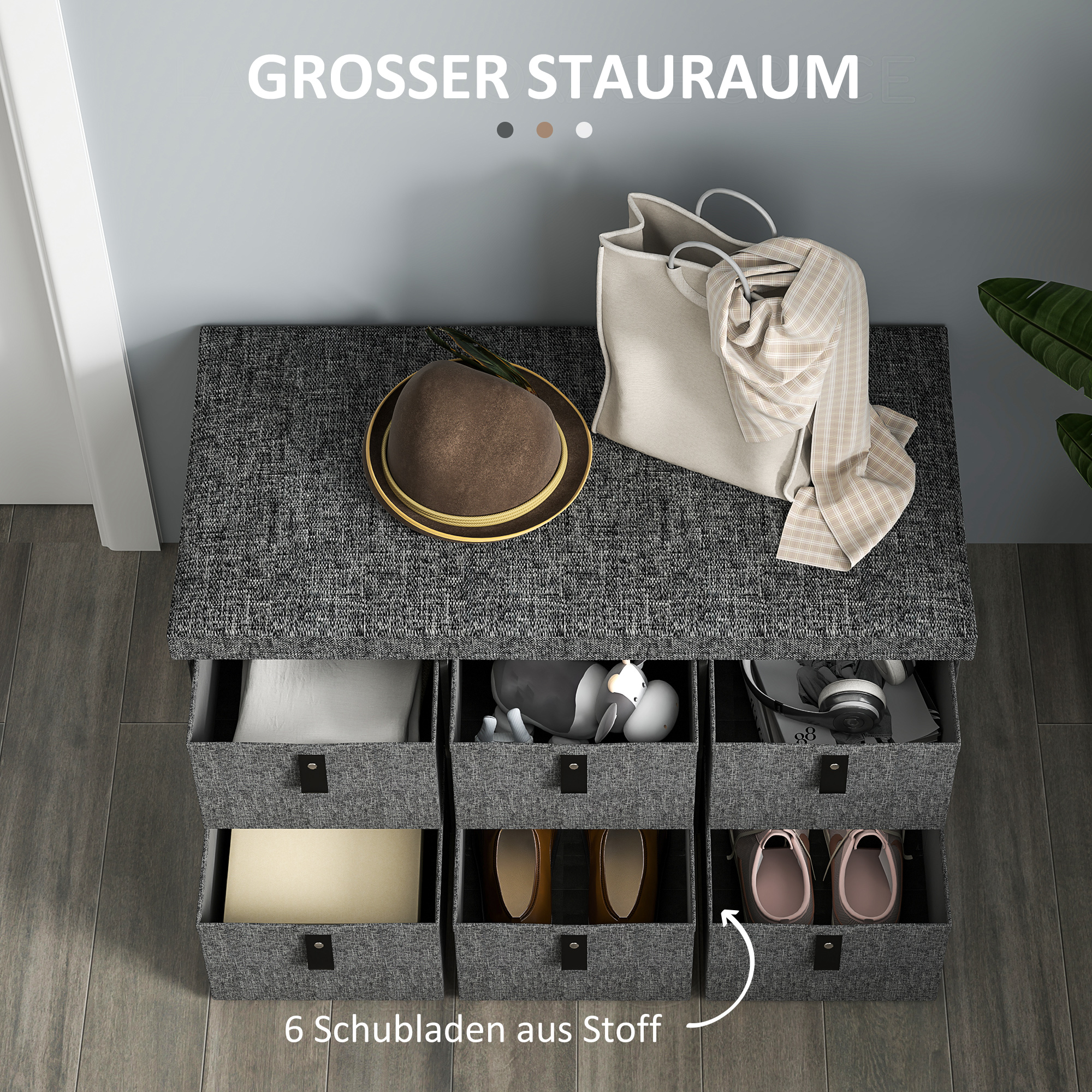 Gepolsterte Schuhbank, 6 Schuhfächer, MDF-Rahmen, Leinenoptik, Grau