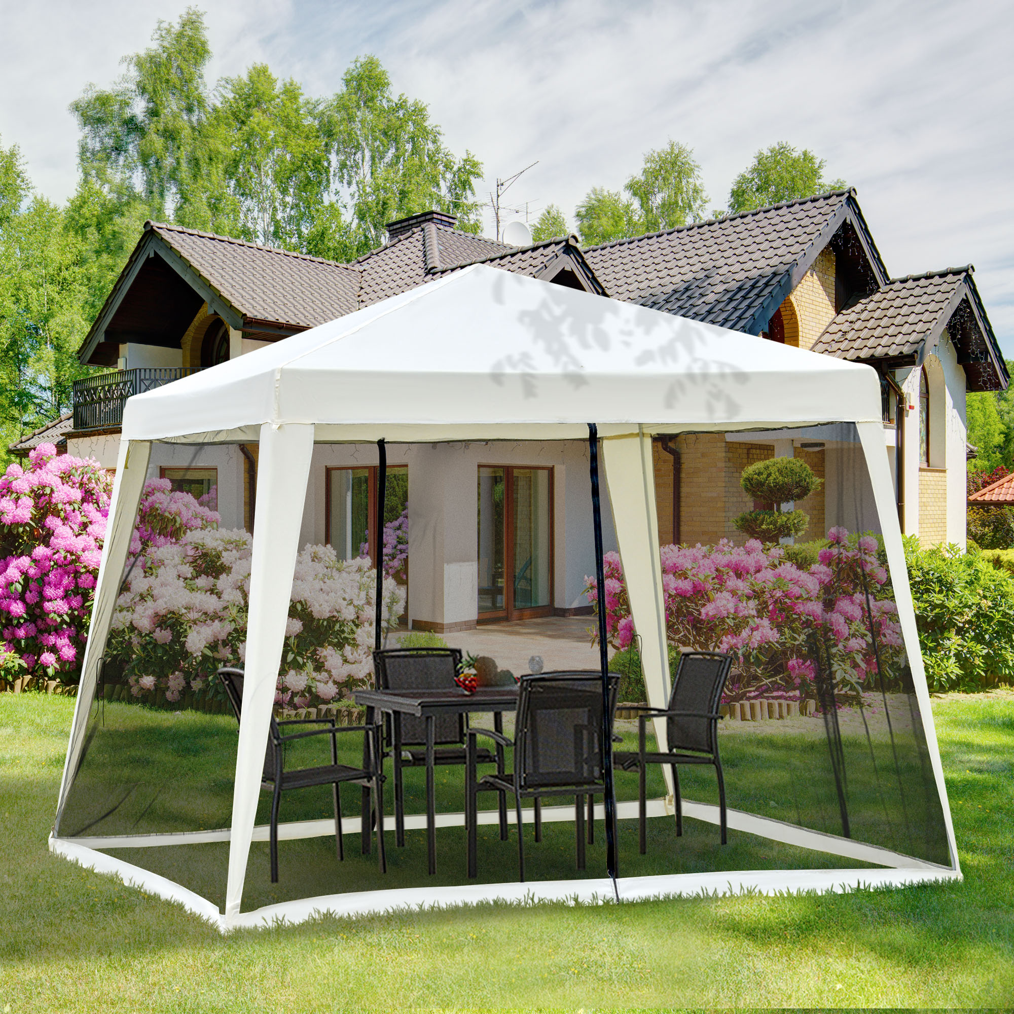 Gartenpavillon Pavillon Festzelt Partyzelt wetterfest Zelt mit Moskitonetz Metall + Polyester Cremeweiß 3 x 3 m