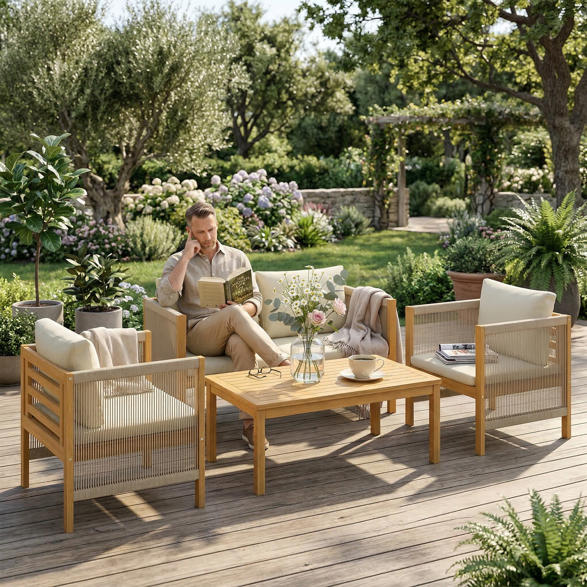 Gartenmöbel Set Holz Sitzgruppe für 4 Personen mit 2er Sofa 2 Sessel Tisch Seilflecht Lamellendesign waschbar Kissen