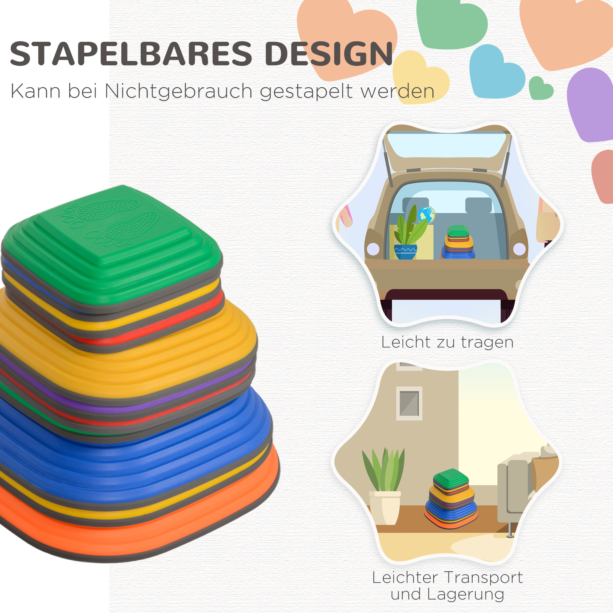 Balance-Trittsteine für Kinder, 11 Teile, Rutschfest, Hindernislauf-Steine, für Motorik-Förderung, Kunststoff, Bunt