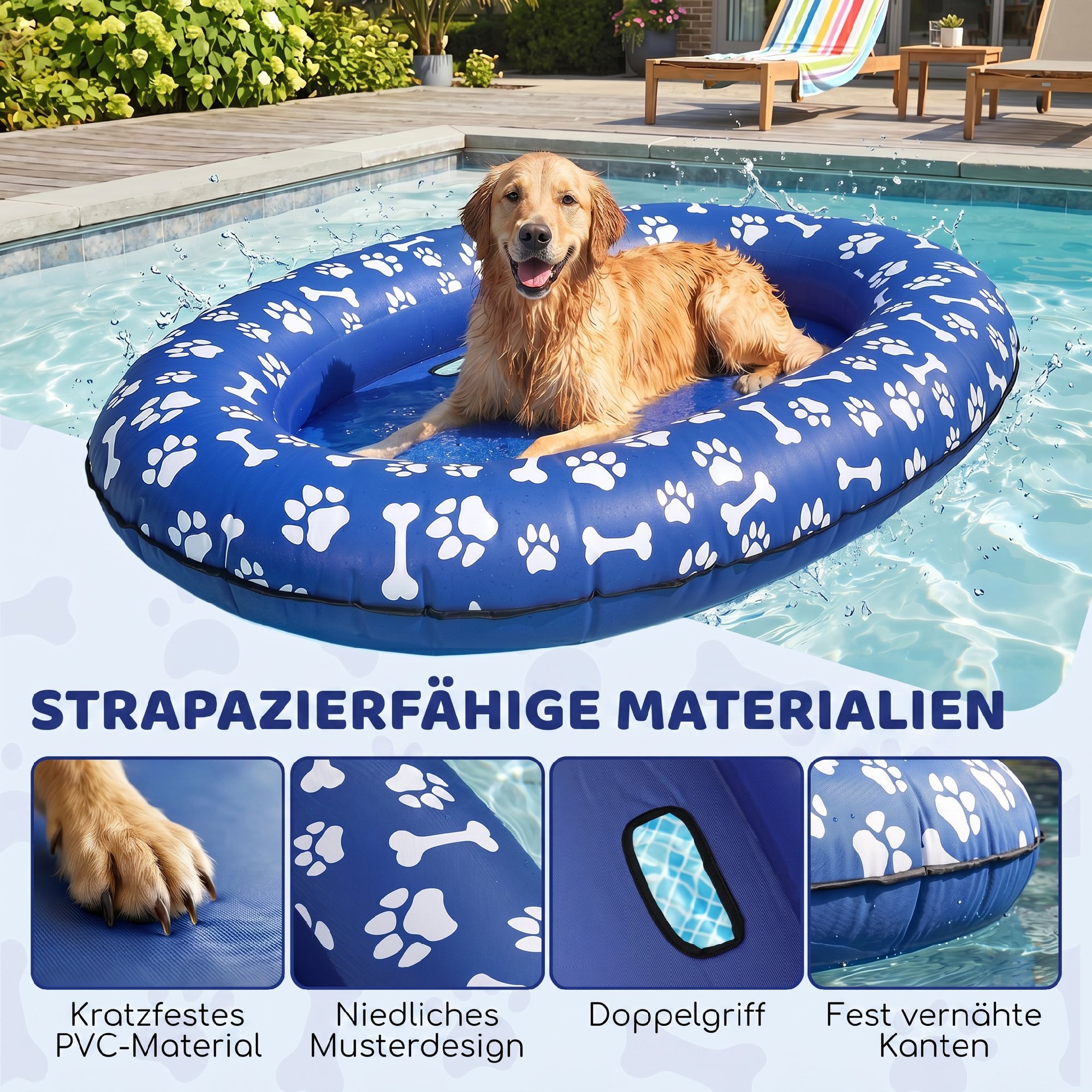 Aufblasbares Schlauchboot Hunde Faltbare Schwimmende Wassermatte Hund mit Griff für Hunde bis 40kg 155x104x25cm Blau