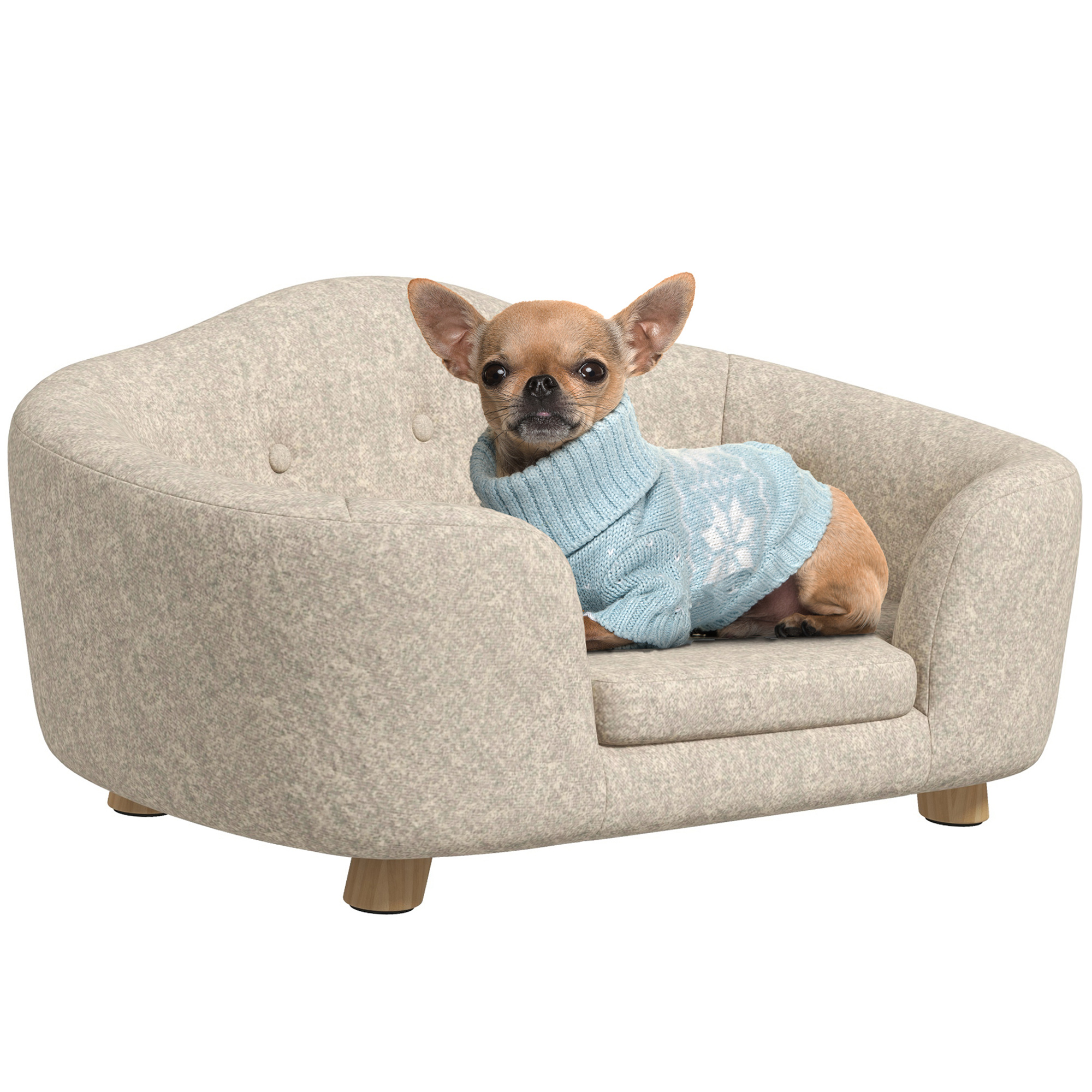 Haustiersofa Hundematte Hundebett Hundesofa Hundecouch Katzen Sofa mit Kissen Rückentasche Plüsch Schaumstoff Kiefernholz Cremeweiß 70 x 47 x 30 cm
