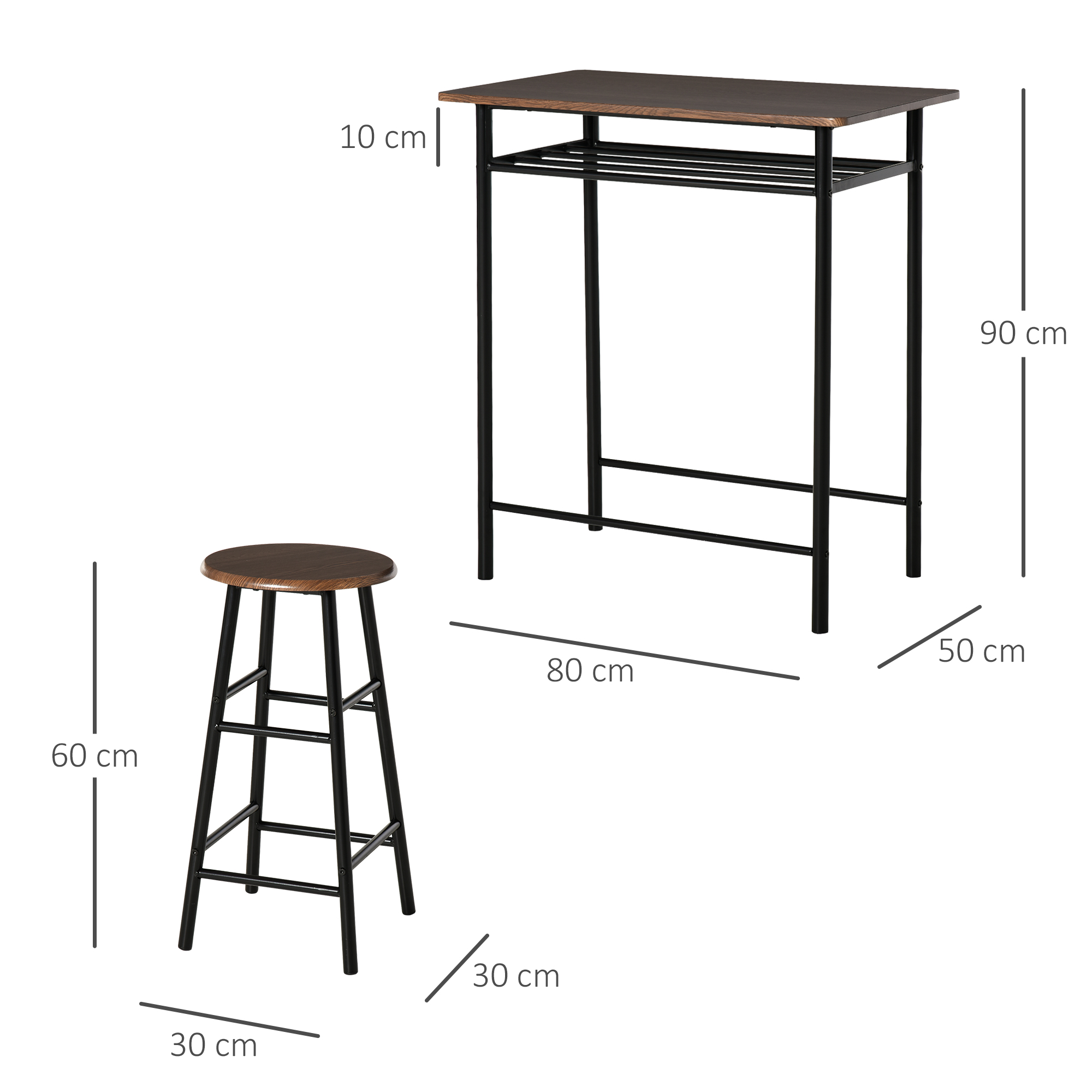Bargarnitur, 3-teilig, Tisch & 2 Hocker, Regal, Industrie-Design, Schwarz/Eiche