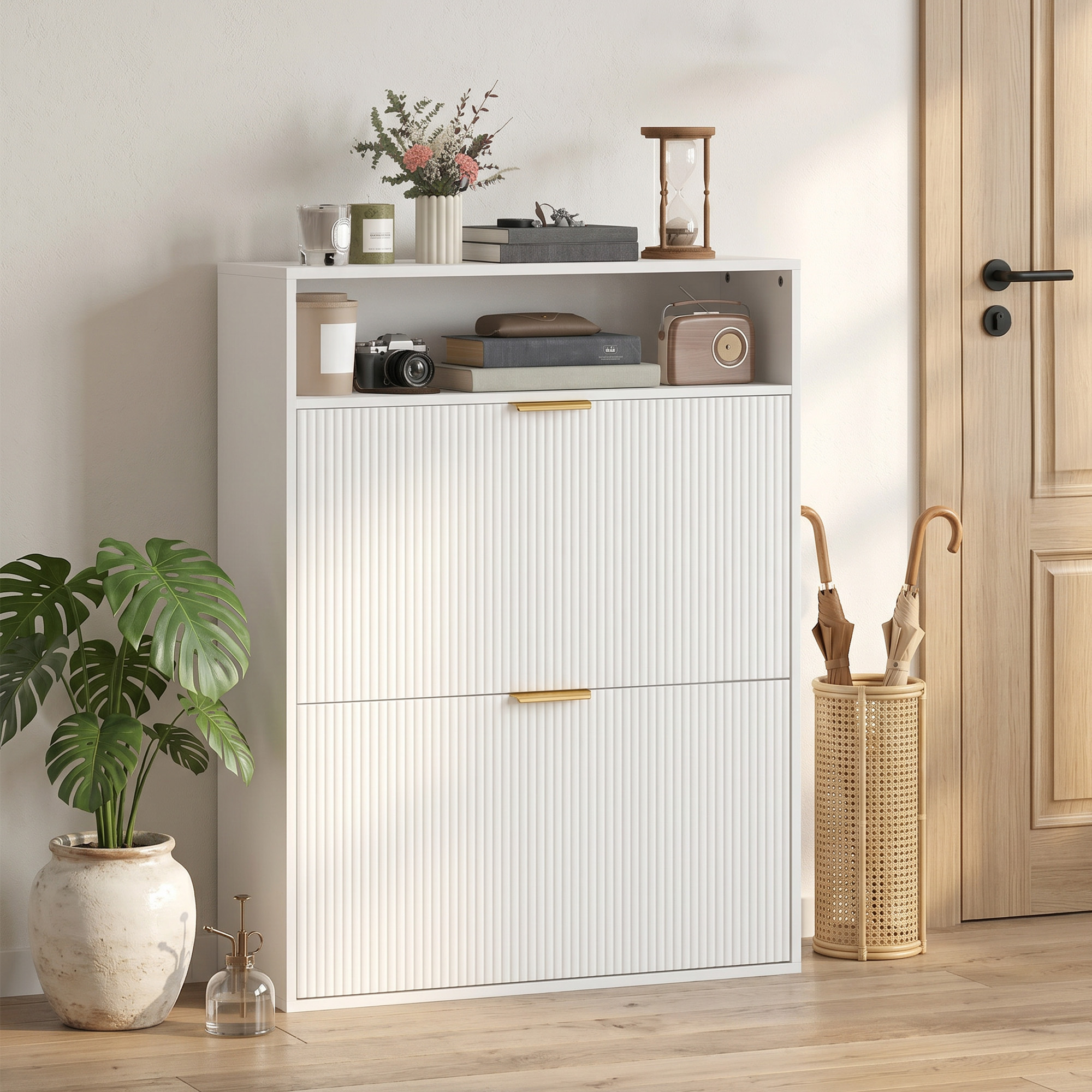 schmaler Schuhschrank mit 2 Klappfächern und Ablagefläche für Flur und Eingangsbereich, Weiß
