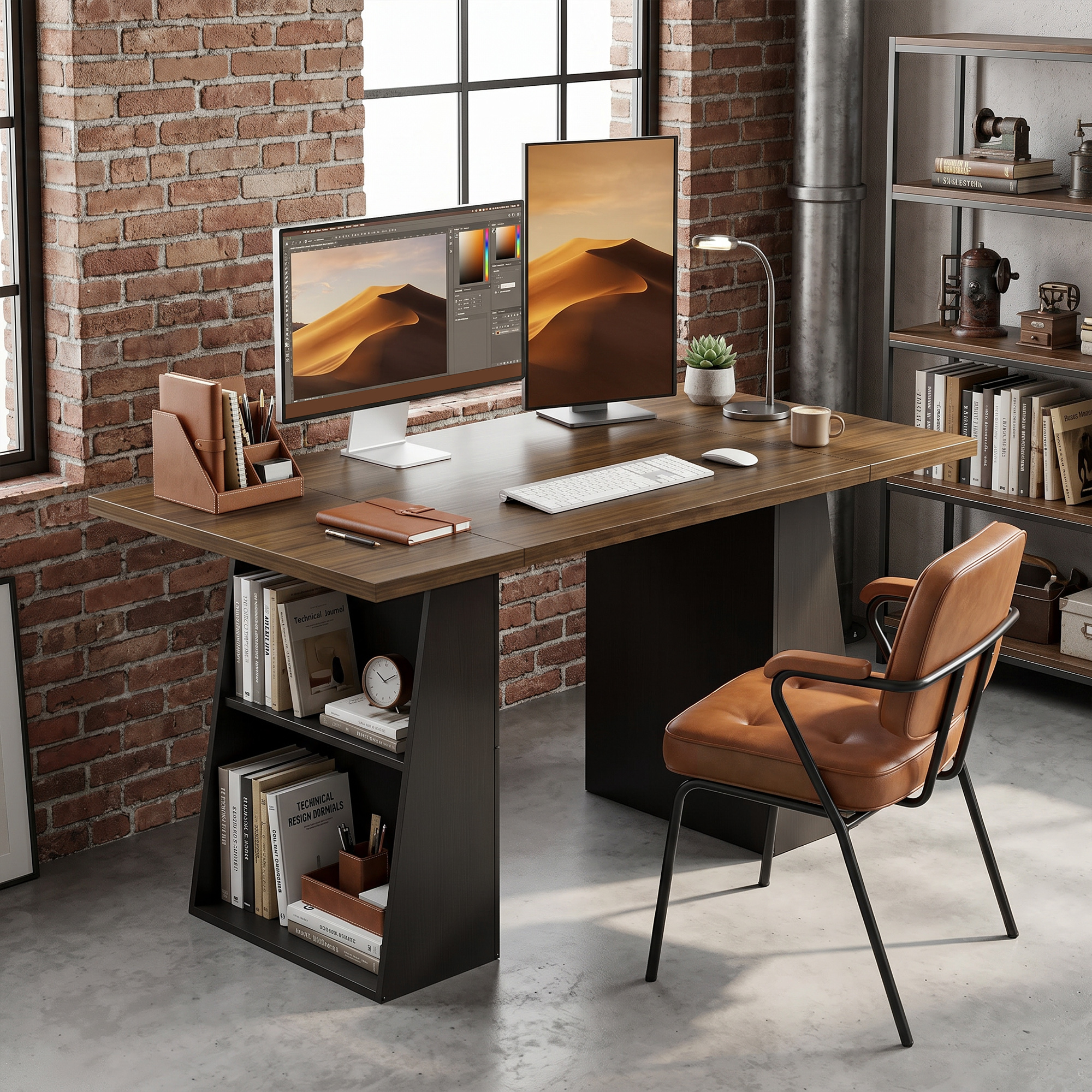 Schreibtisch mit 4 offenen Ablagen, Industrial Design, 140 cm, Braun-Schwarz