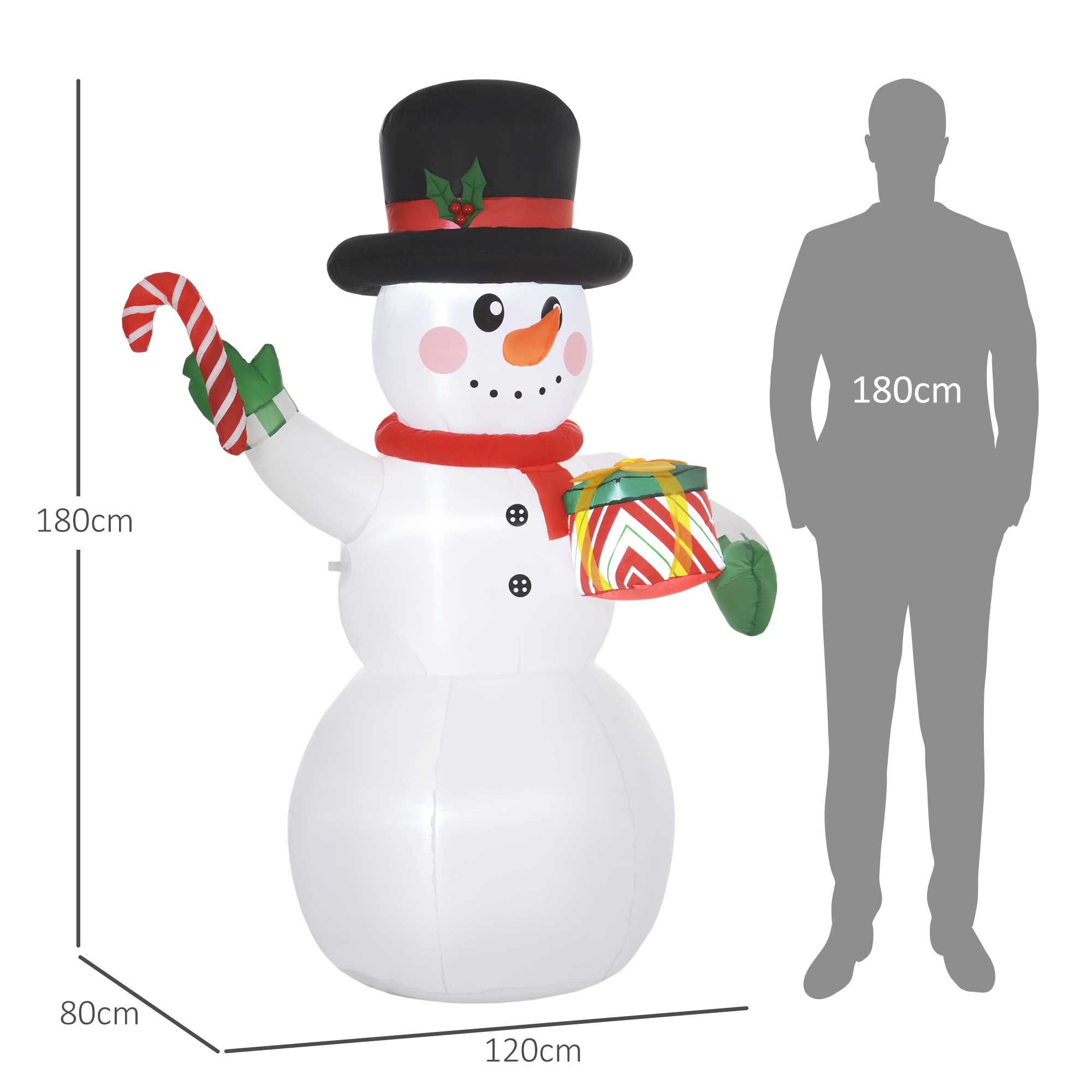 1,80 m Schneemann mit Zuckerstange & Geschenk, selbstaufblasbar, LEDs, wetterfest