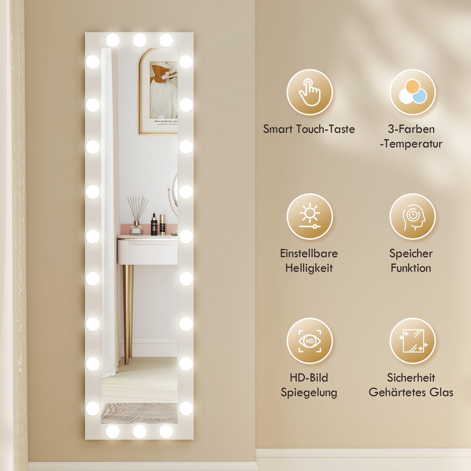 Ganzkörperspiegel 150x40 cm LED Spiegel mit 24 Glühbirnen 3 Lichtfarbe, freistehend oder anlehnbar Weiß