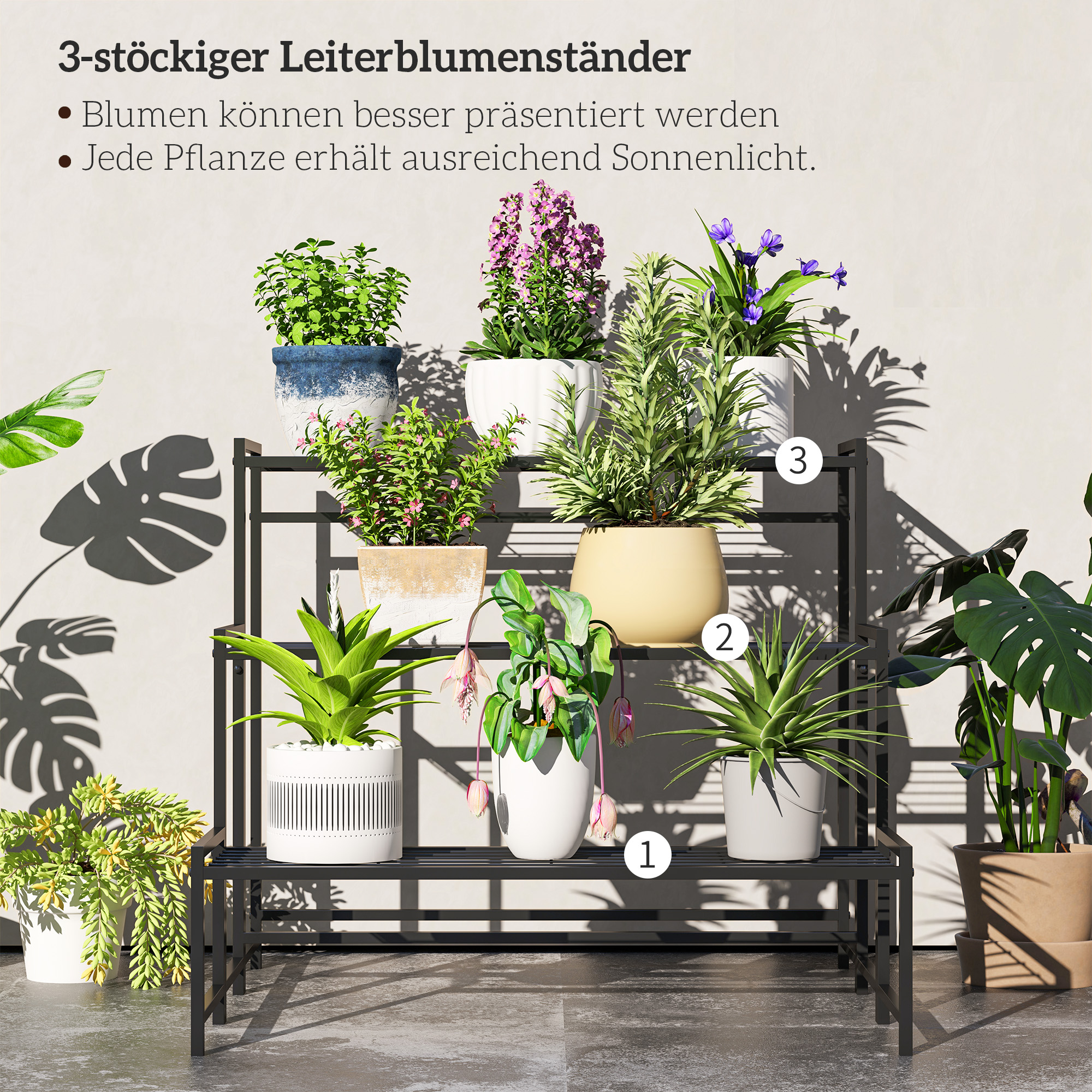 Blumentopfständer, 3-stufiger Pflanzenständer in Treppenform, Blumentopfgestell für drinnen und draußen, Metall, Schwarz