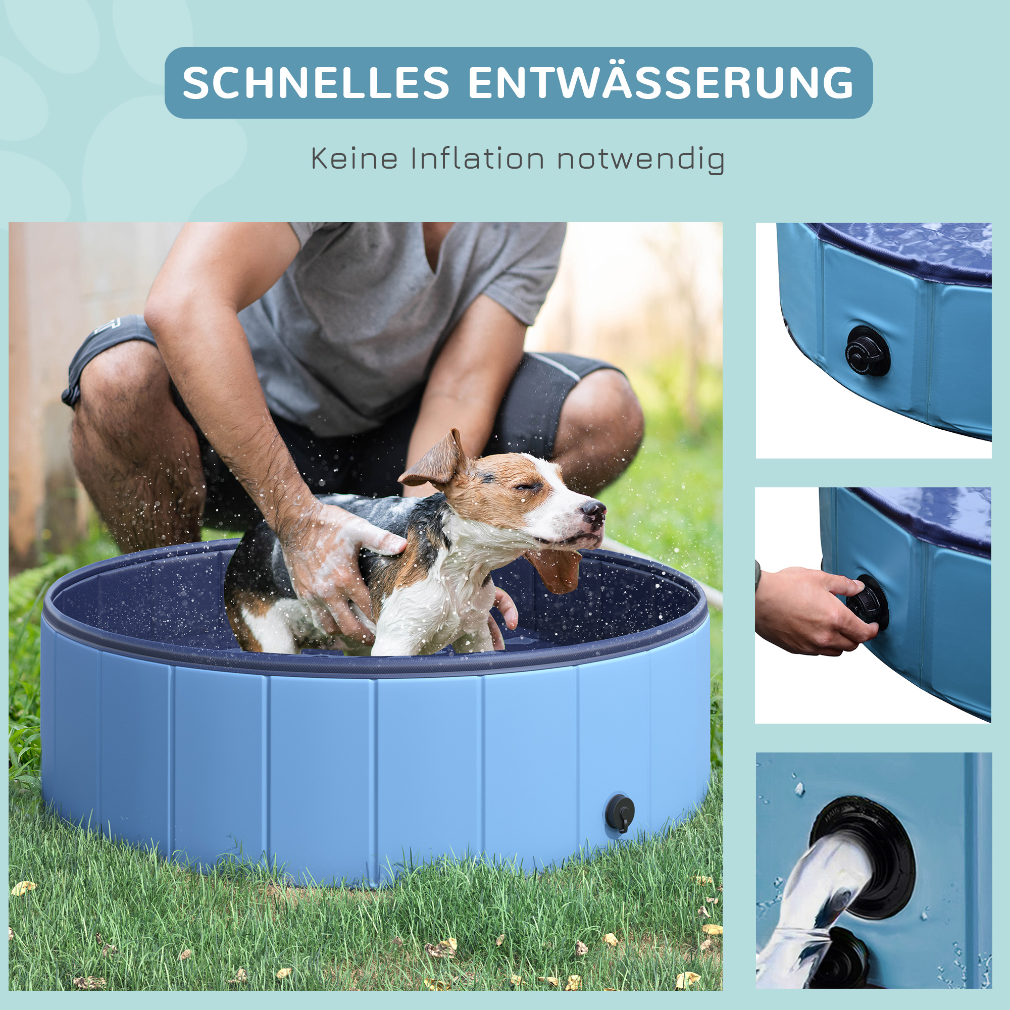 Hundebadewanne faltbar Badewanne Hundepool Plantschbecken Swimmingpool Wasserbecken für Hunde und Katzen Schwimmbecken Kunststoff+Holz Blau Ø100 x H30 cm