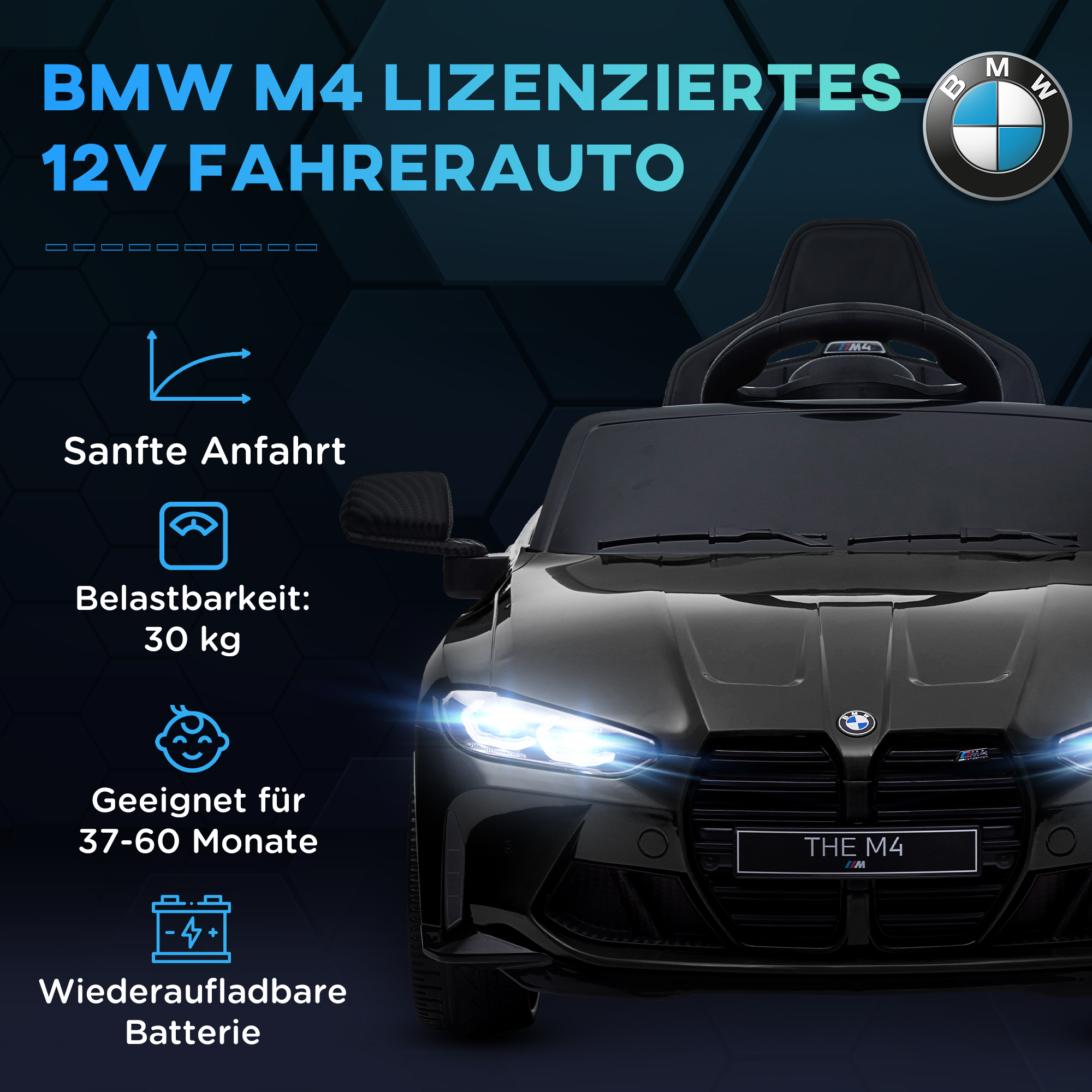Elektro-Kinderauto BMW M4, Sound & Licht, 3-5 km/h, inkl. Fernsteuerung, für 3-5 Jahre, Schwarz