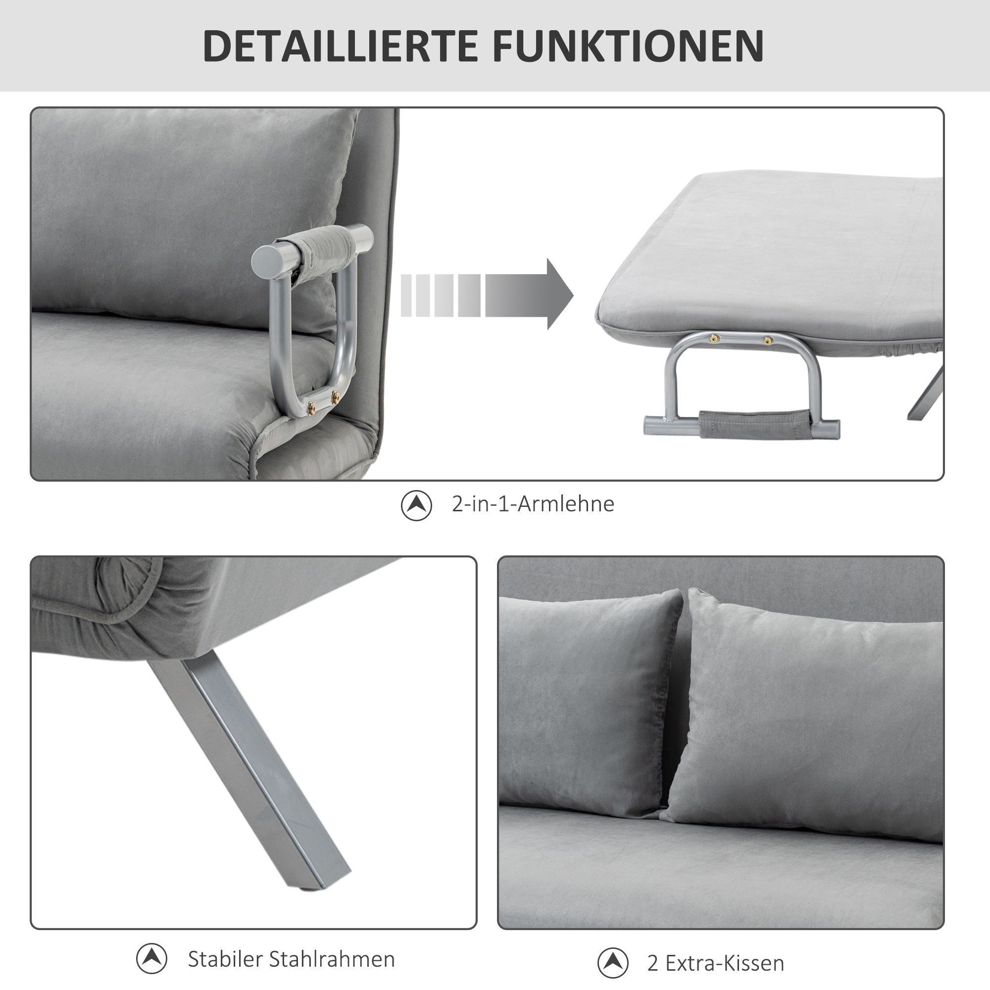 Schlafsofa, Doppelsofa, Gästebett, inklusive 2 Kissen, Grau