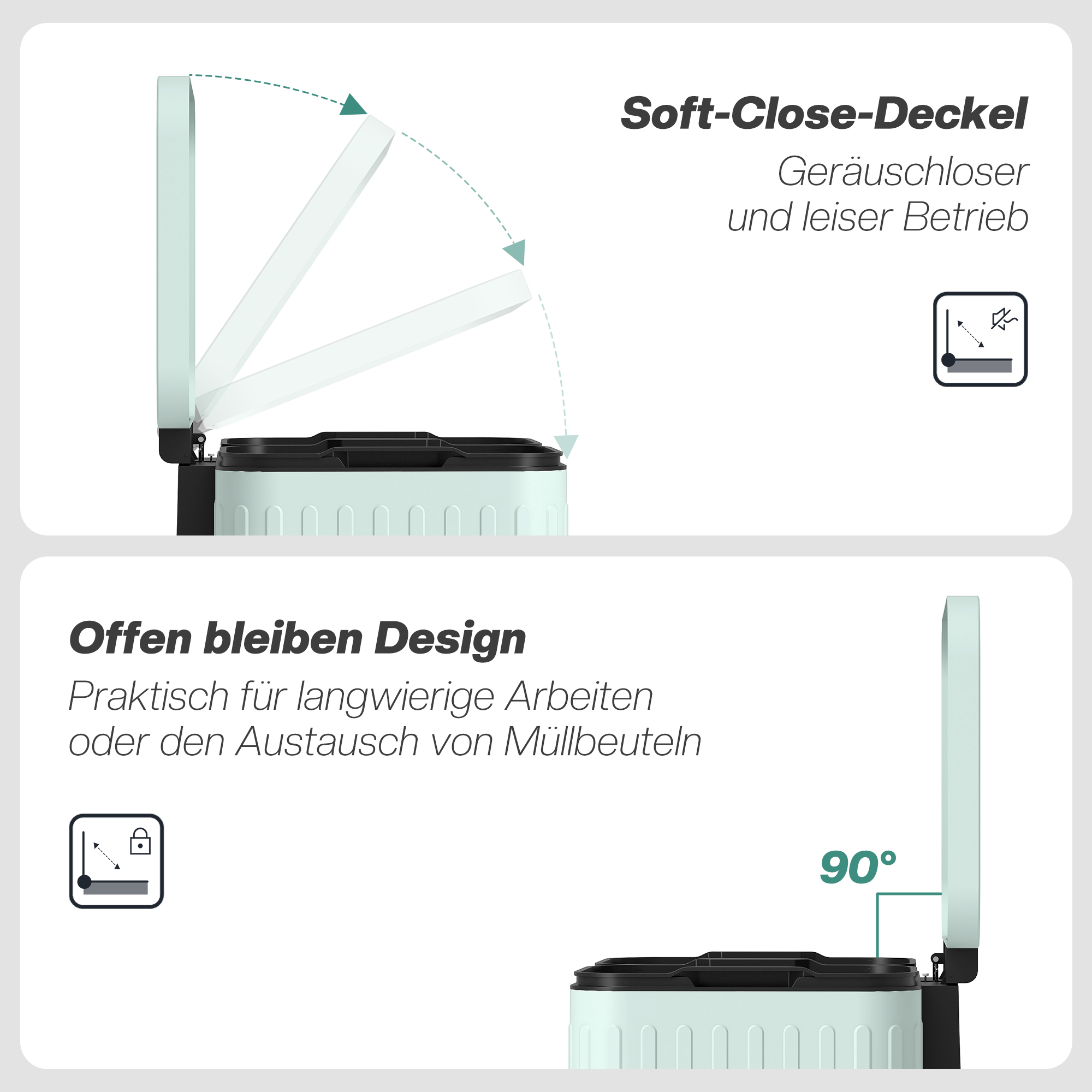 Küchenmülleimer, 2x 20l-Fächer, effiziente Mülltrennung, Fußpedal, Kunststoff, Metall, Grün